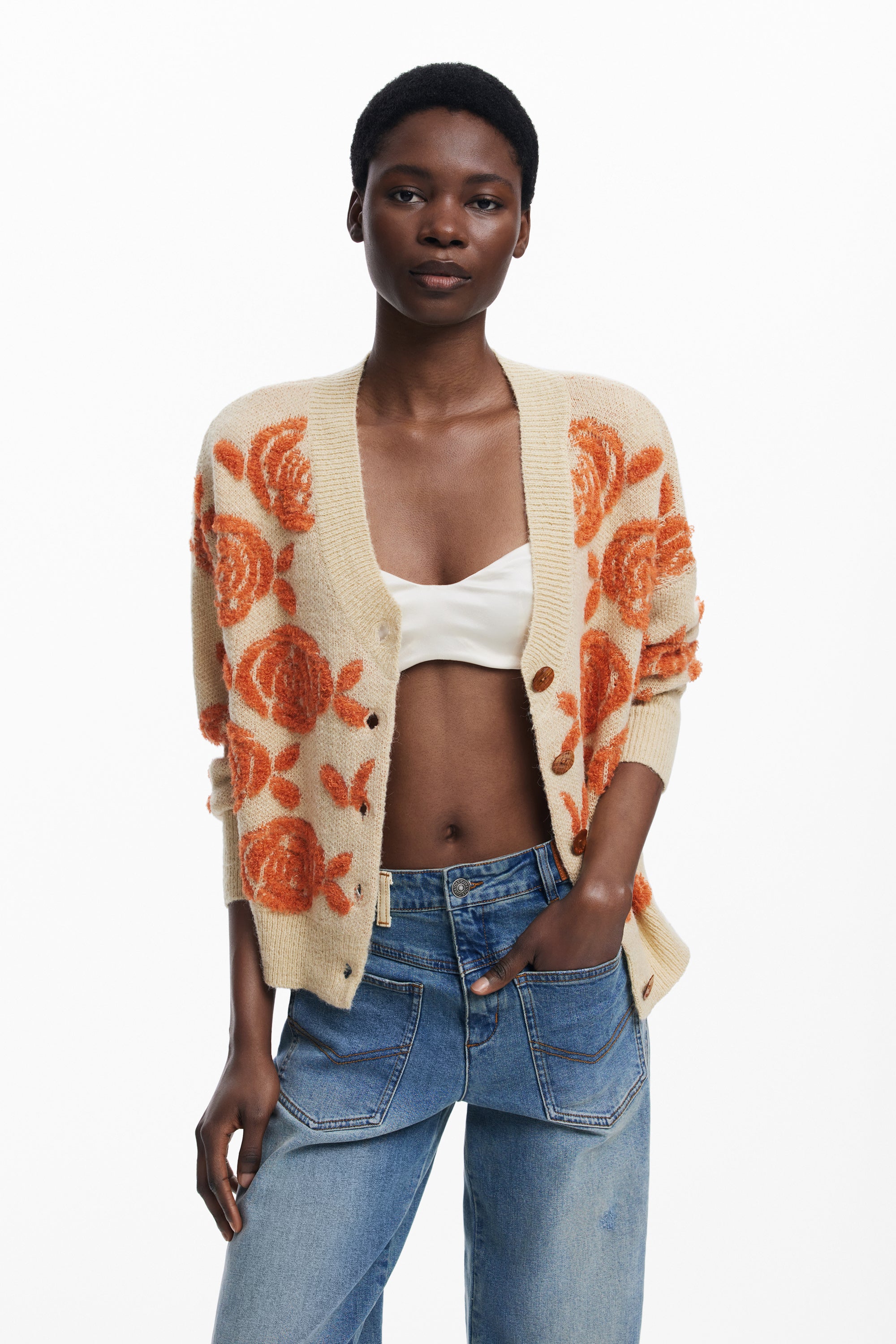 Rose Knit Cardigan - Beige/Orange