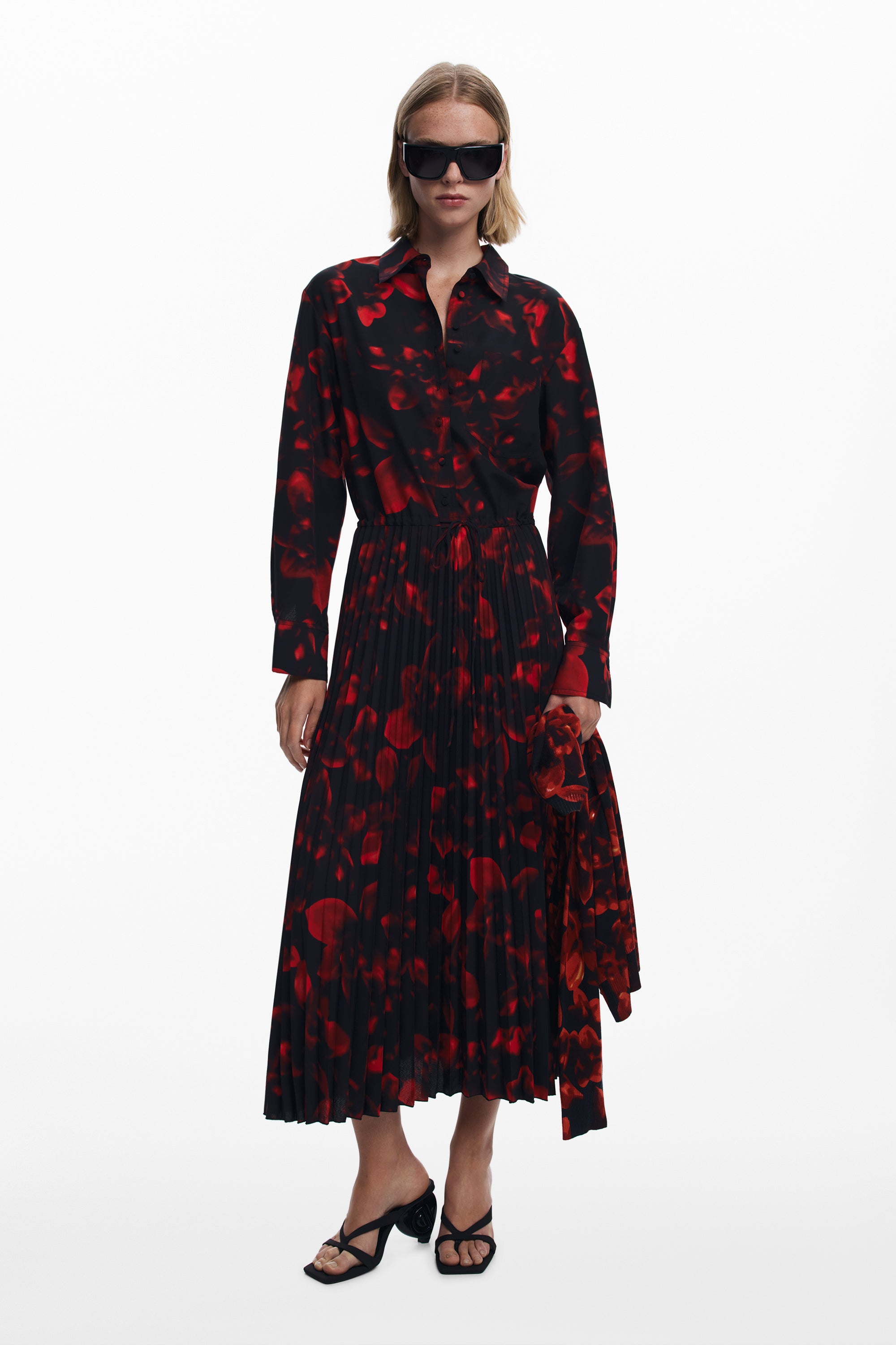 Floral Pleat Shirt Dress - Black/Red