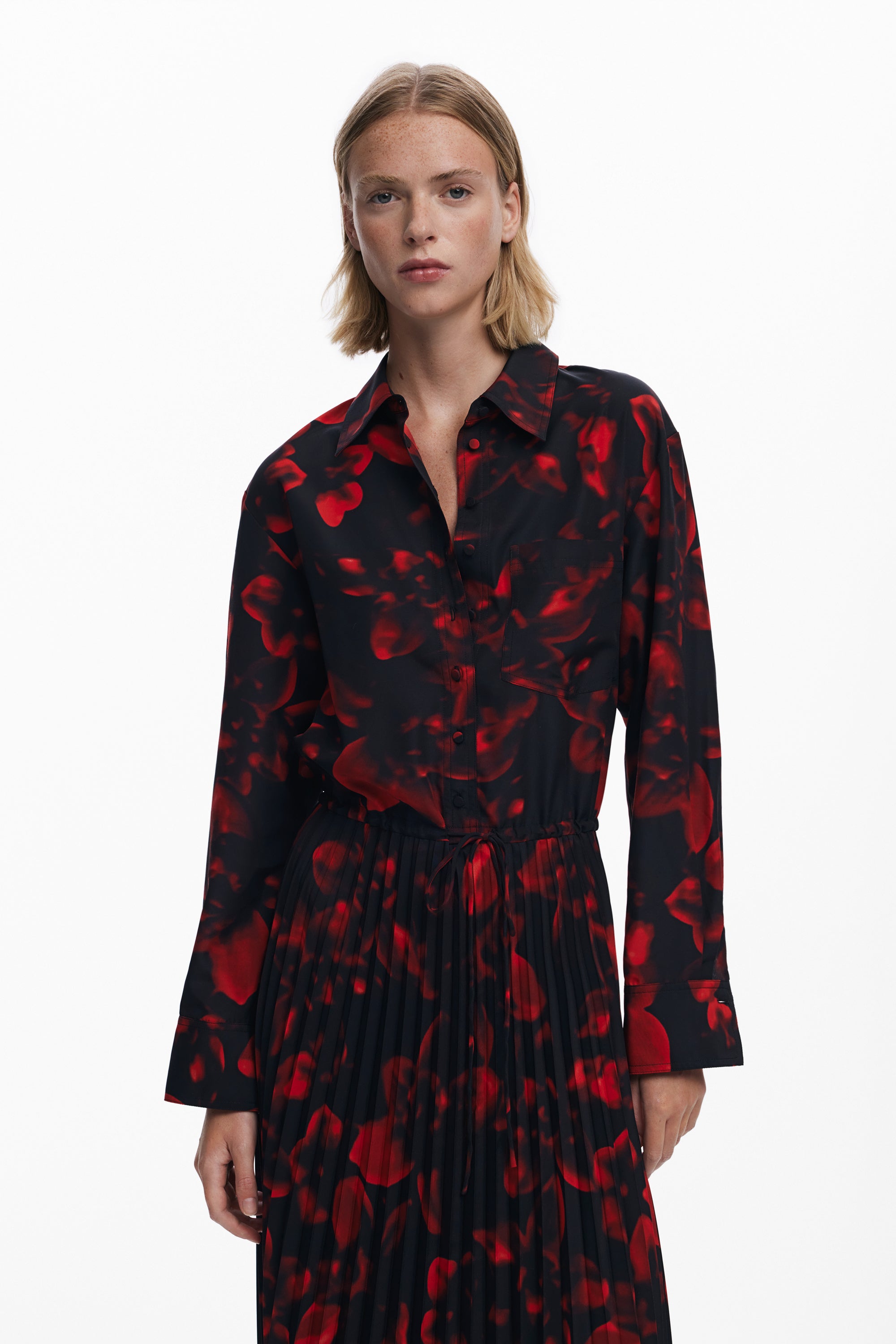 Floral Pleat Shirt Dress - Black/Red