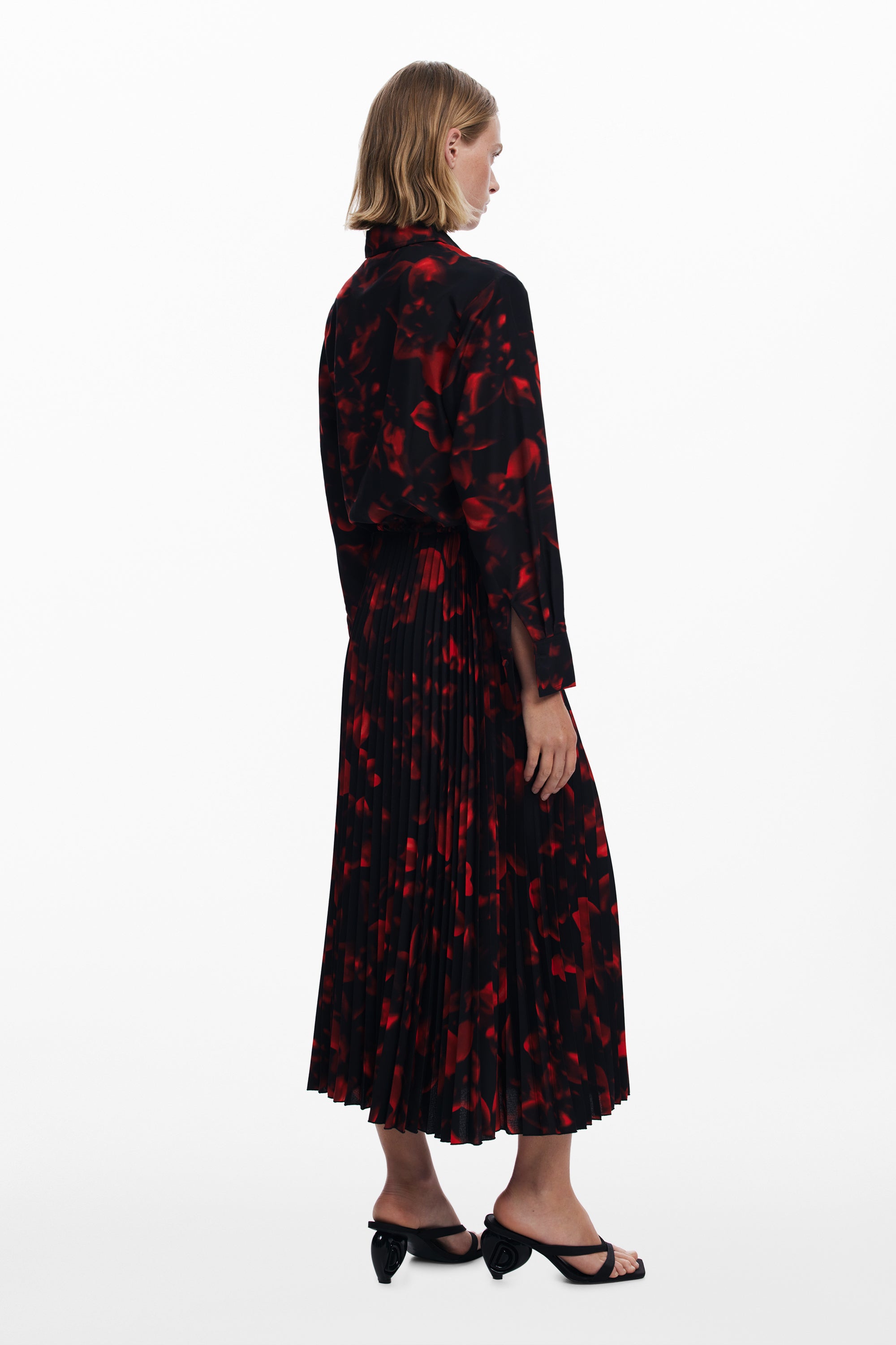 Floral Pleat Shirt Dress - Black/Red