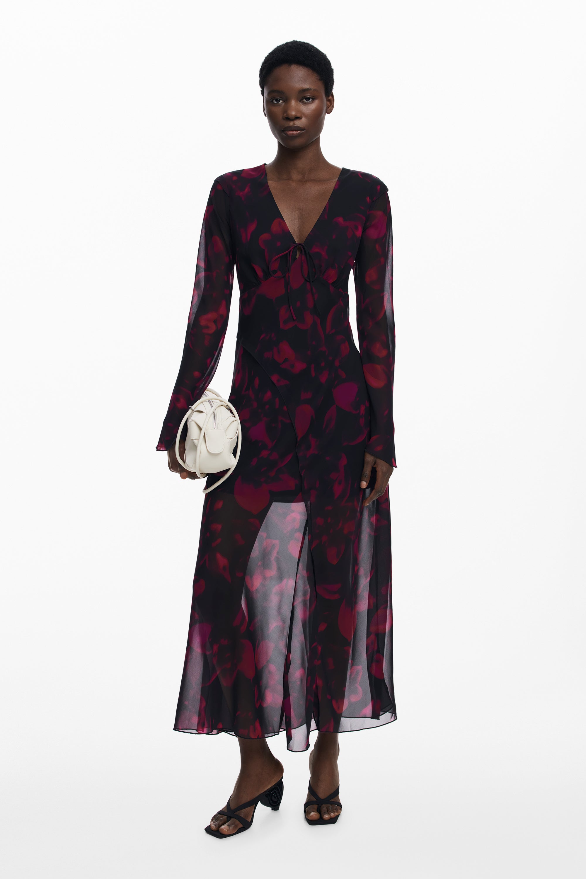 Floral Sheer Detail Long Dress - Black/Plum