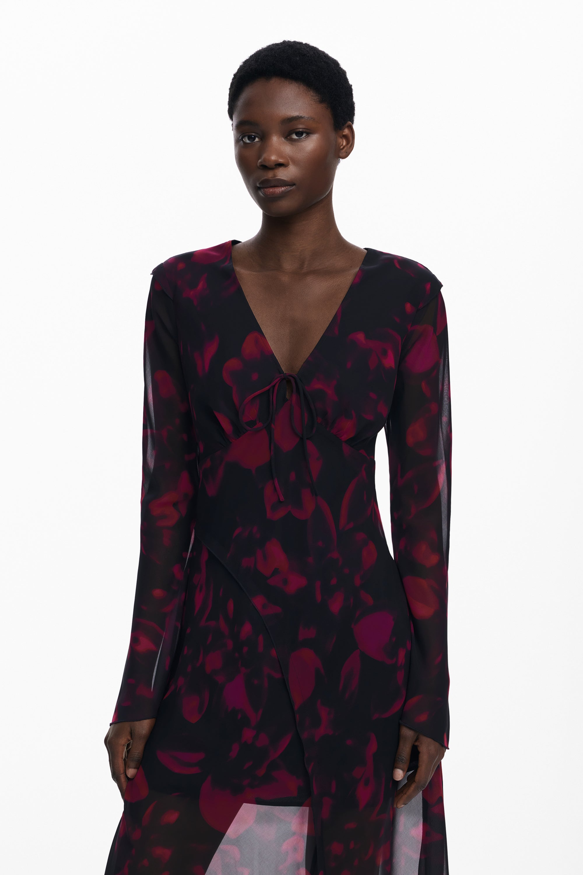 Floral Sheer Detail Long Dress - Black/Plum