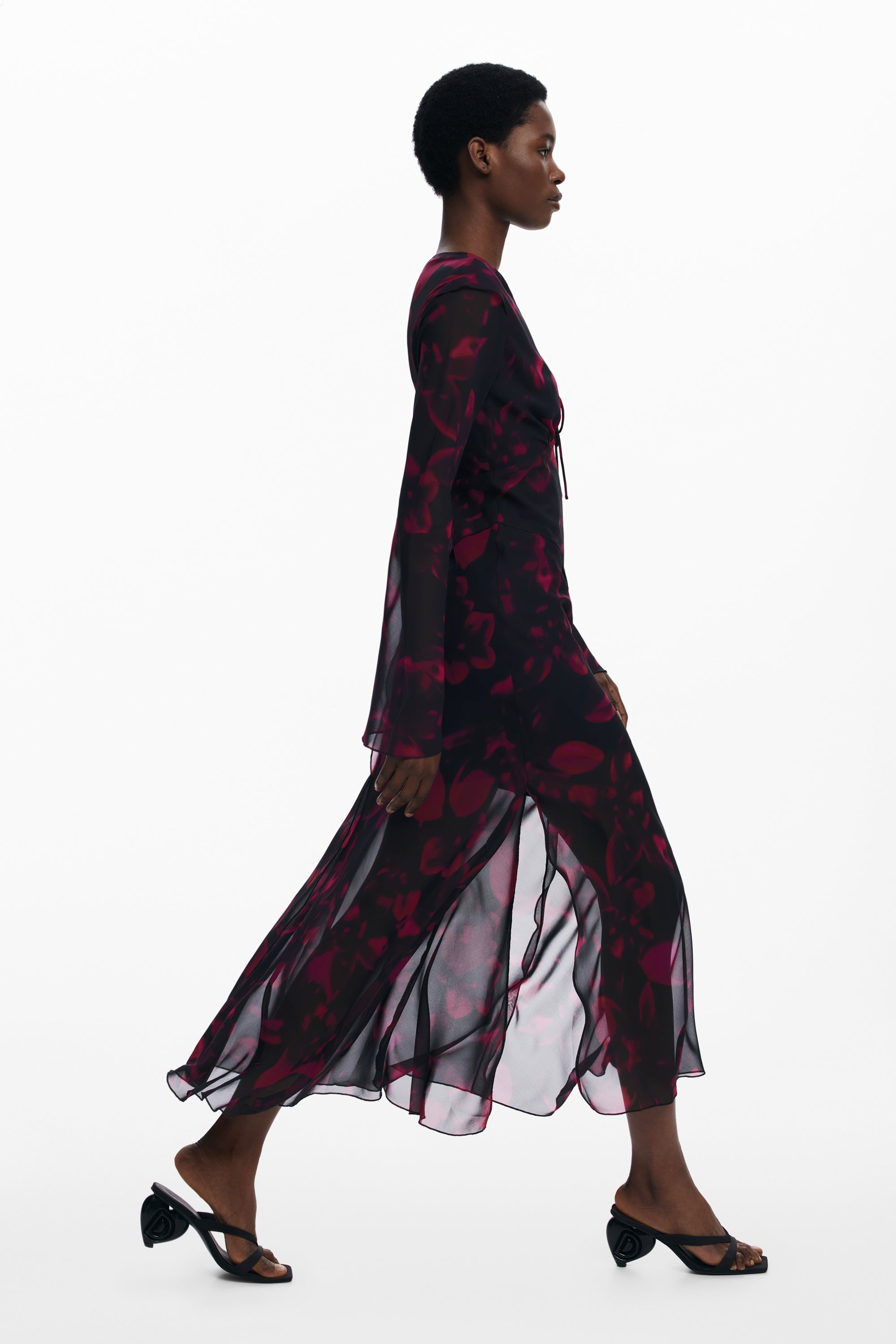 Floral Sheer Detail Long Dress - Black/Plum