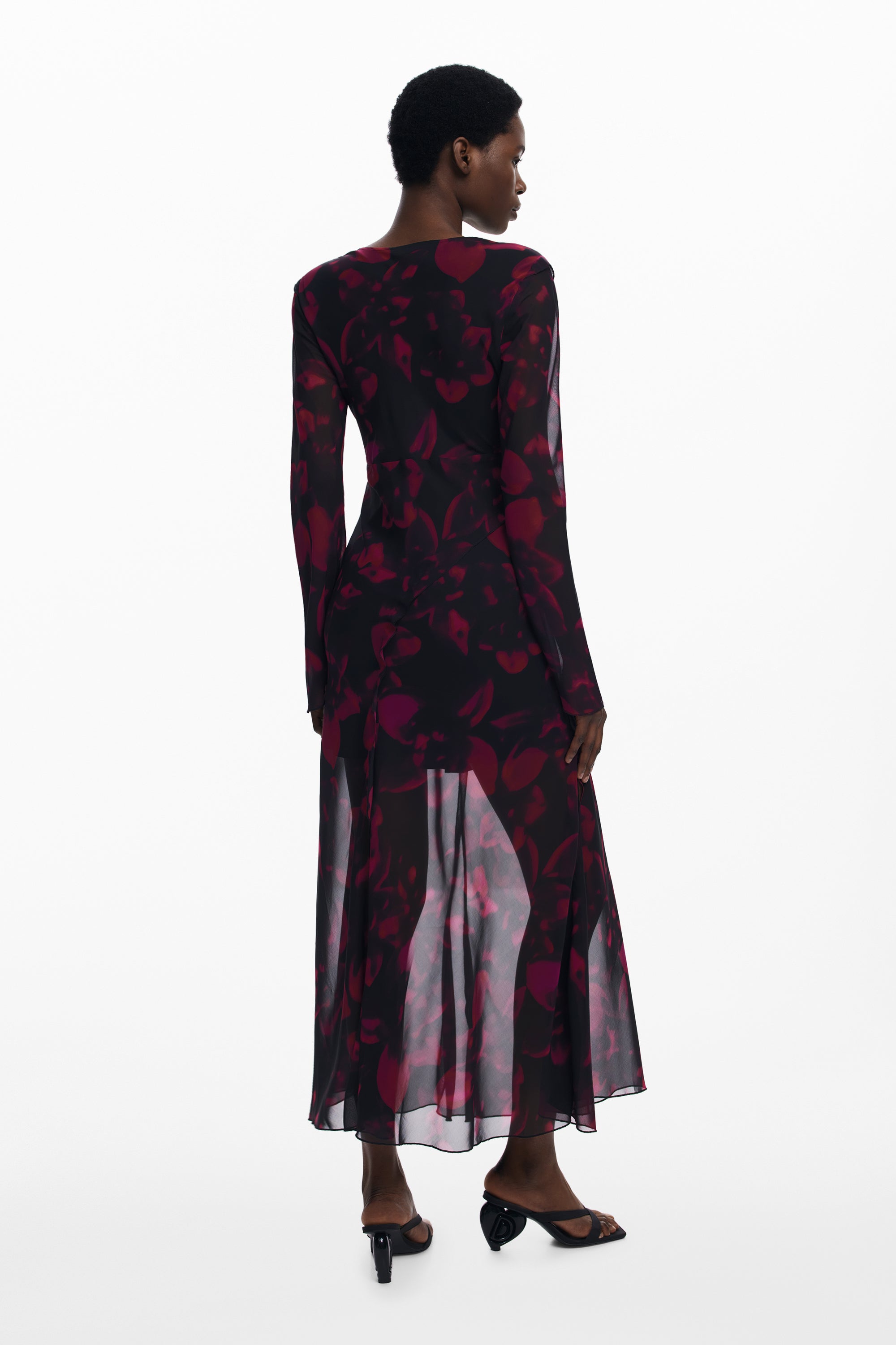 Floral Sheer Detail Long Dress - Black/Plum