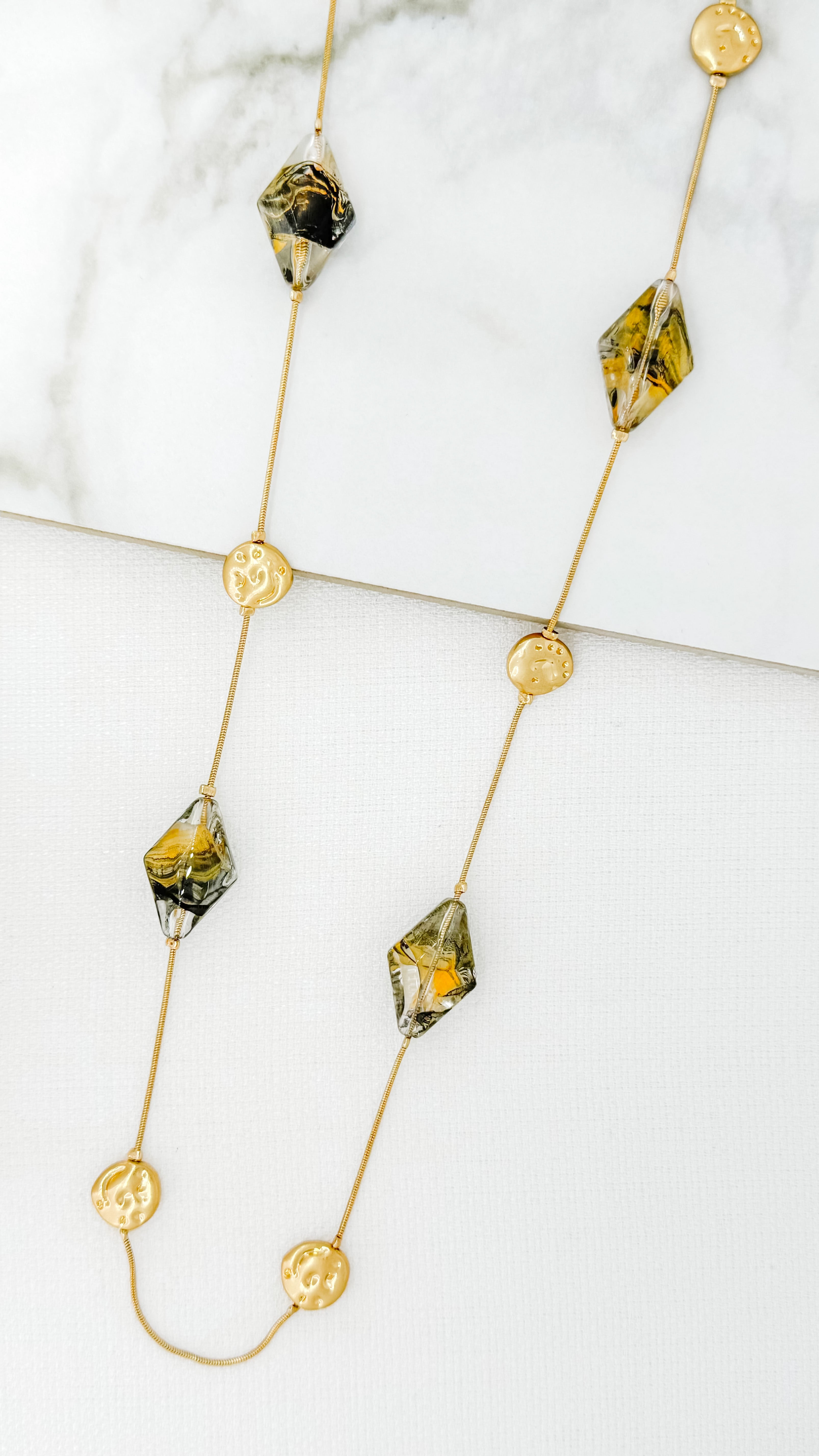 Long Glass Bead Necklace - Gold