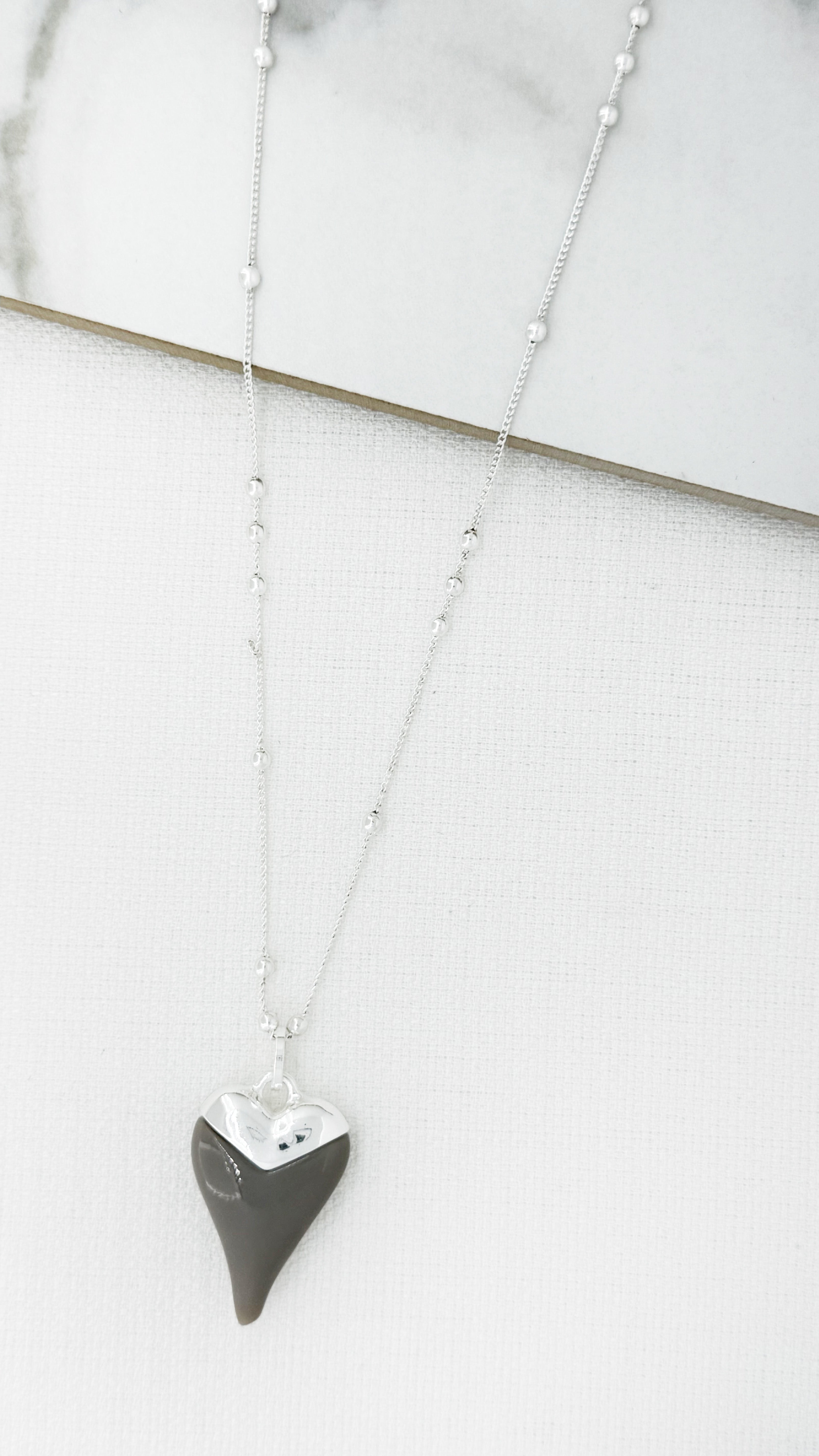 Long Heart Necklace - Silver/Grey