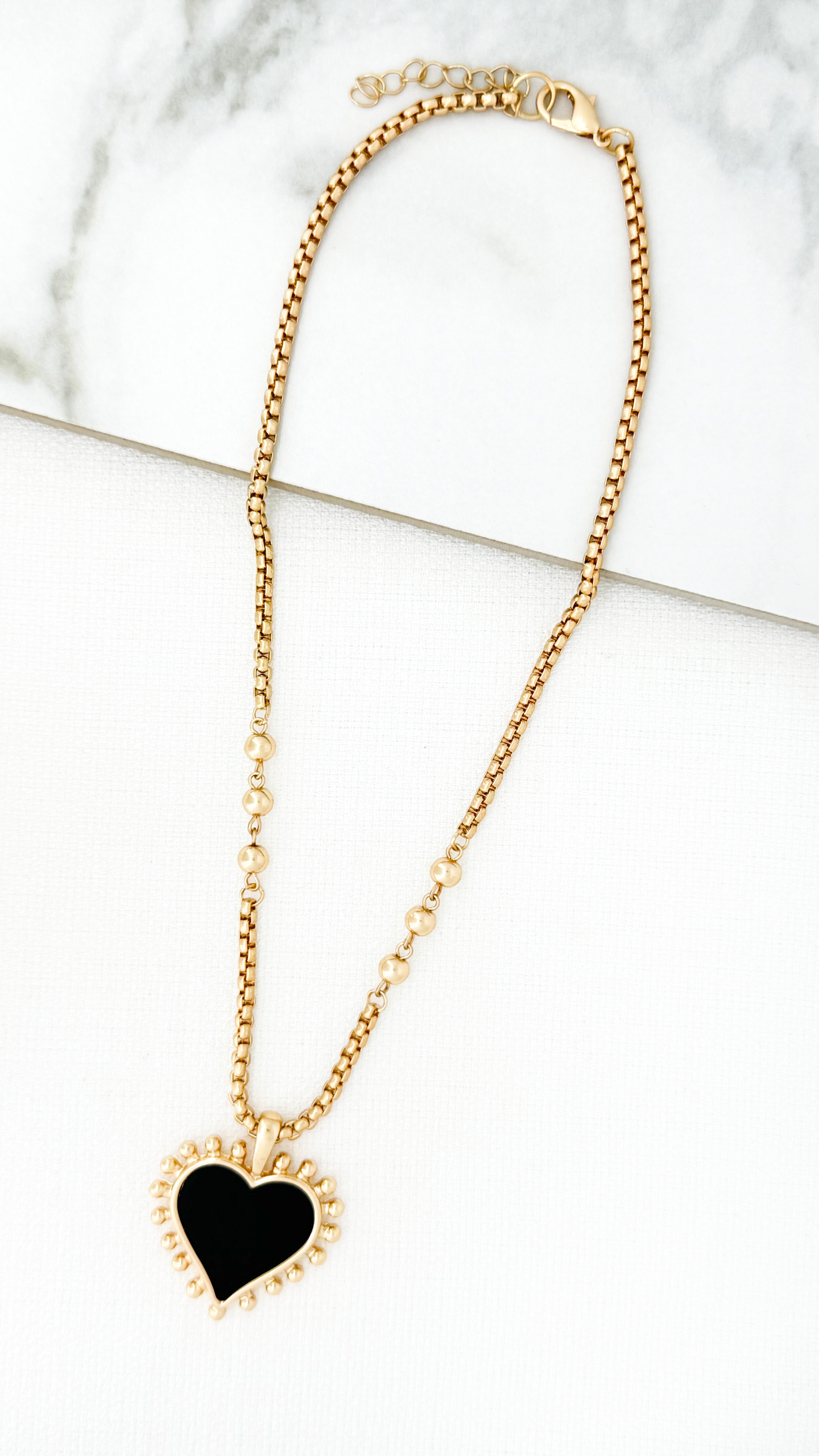 Short Black Heart Necklace - Gold