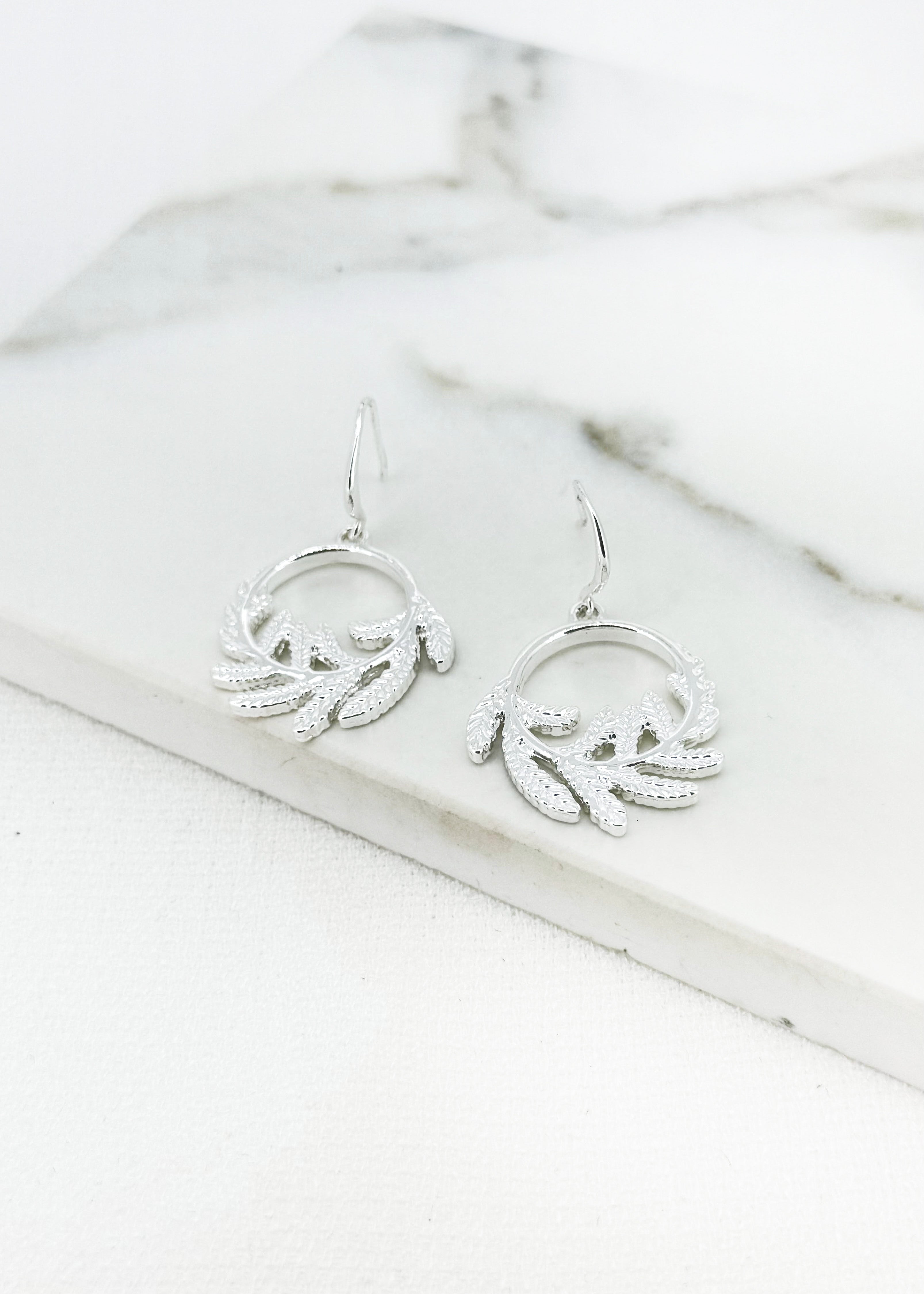 Hoop Leaf Earrings - Silver