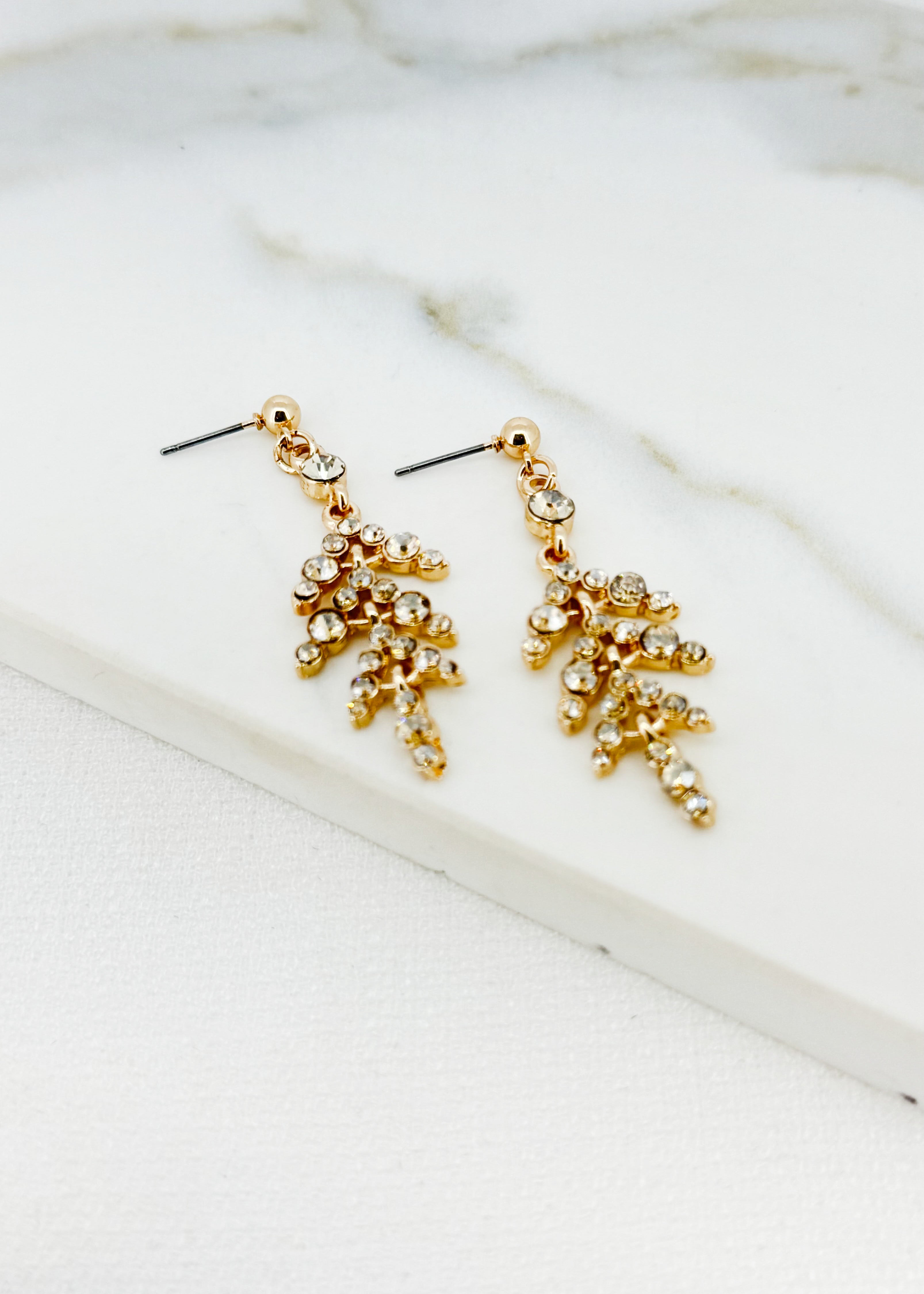 Diamante Leaf Earrings - Gold