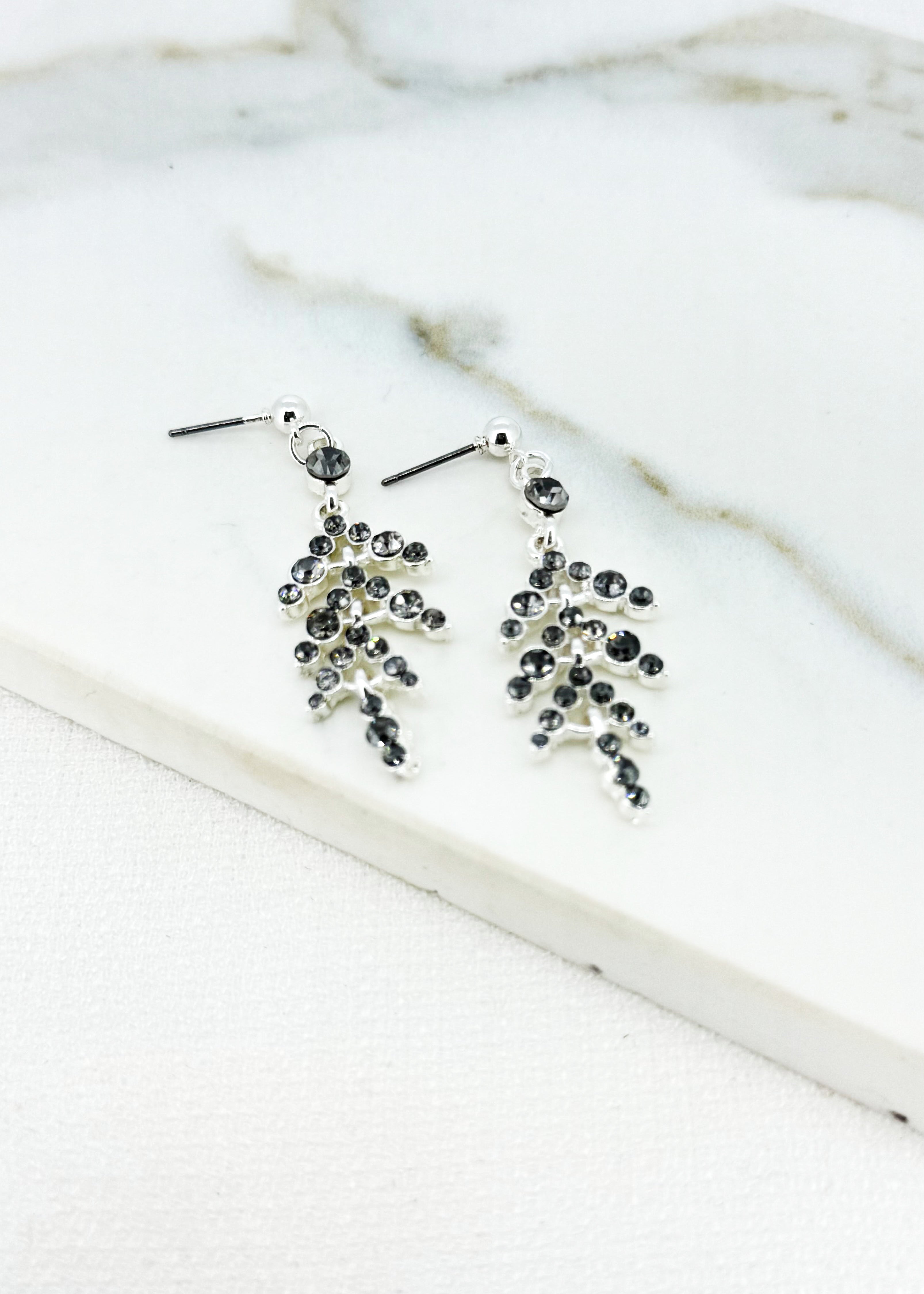 Diamante Leaf Earrings - Silver