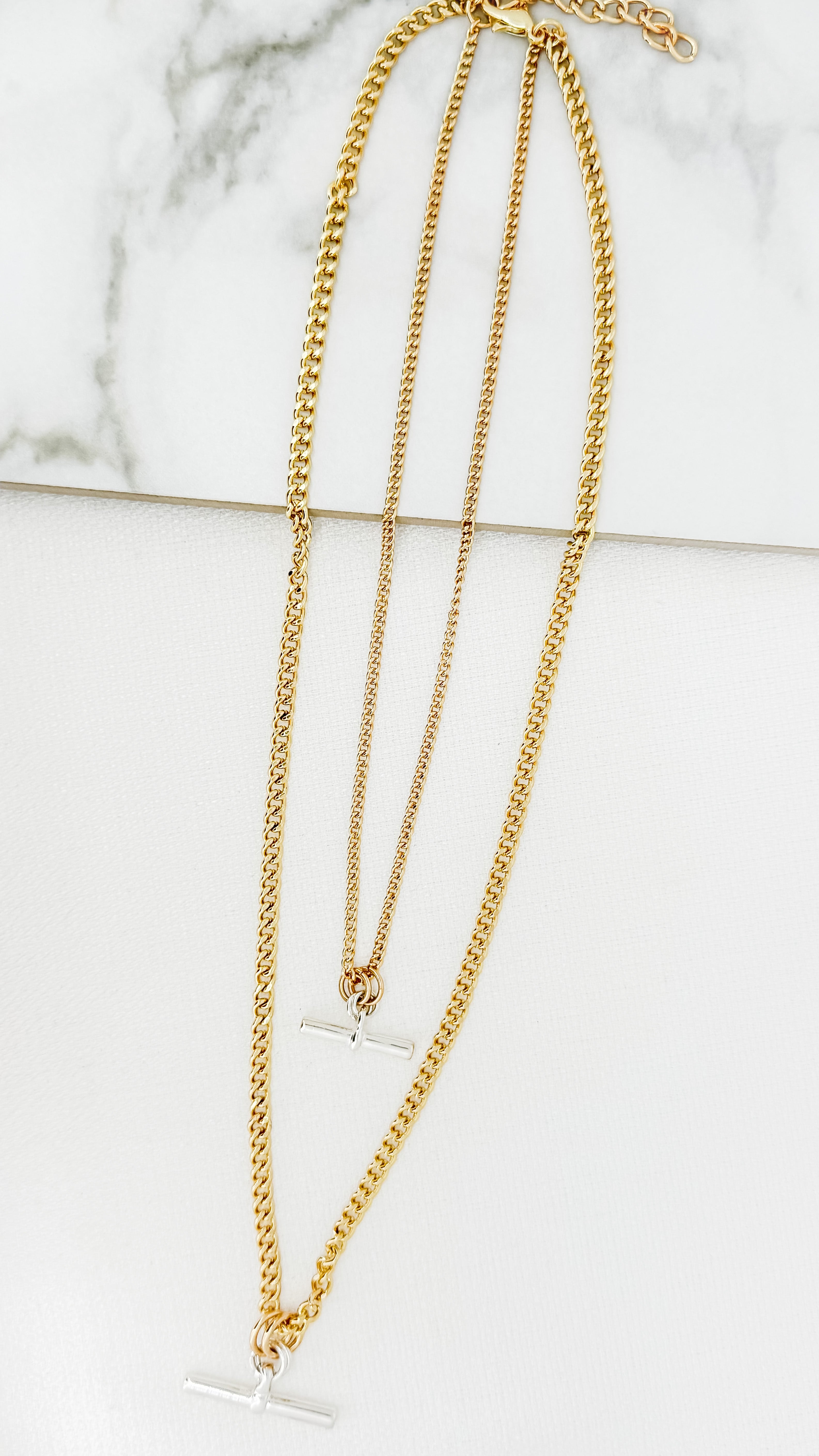 Long T-Bar Necklace - Gold /silver