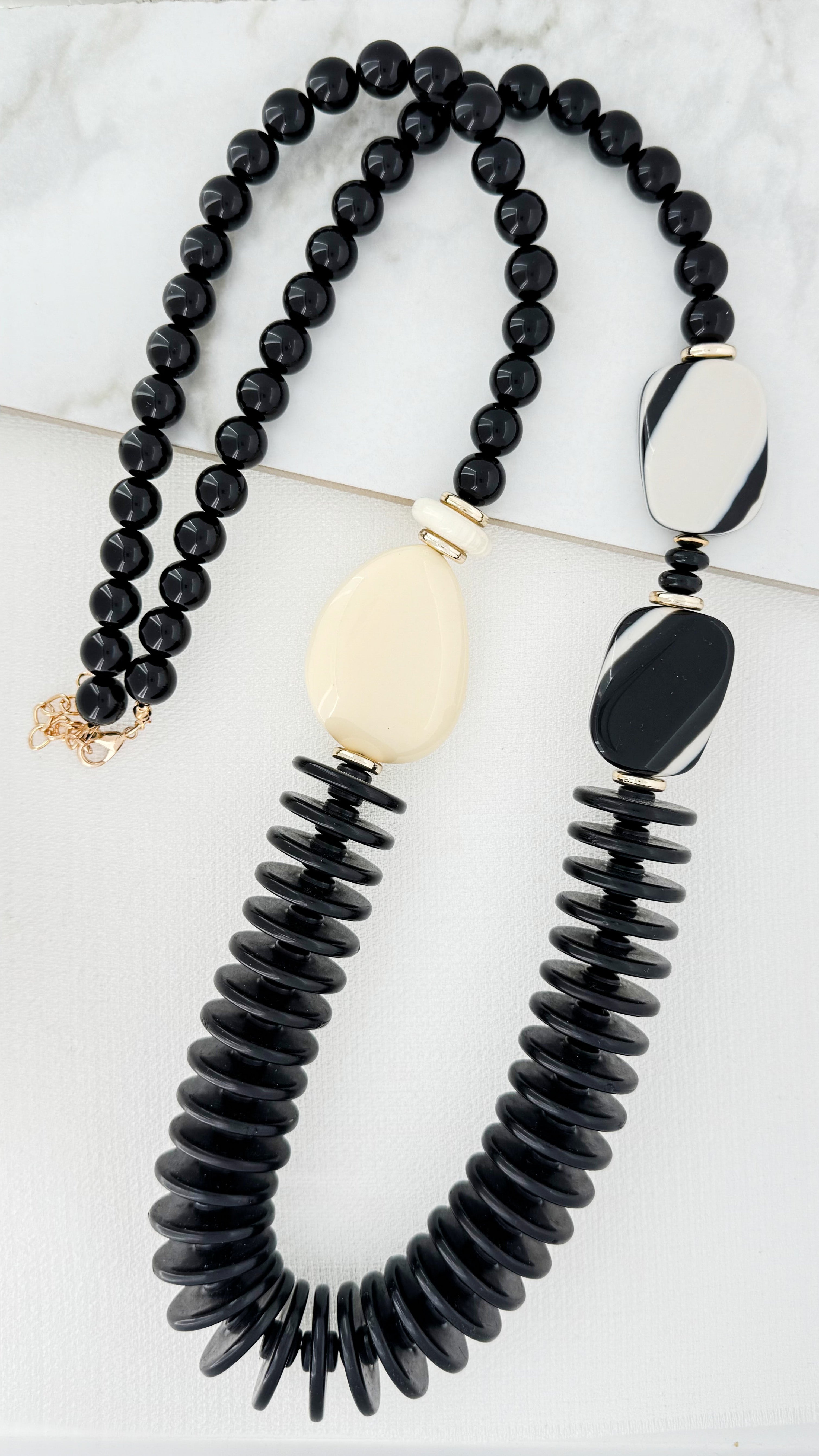 Long Wooden Necklace - Stone/Black