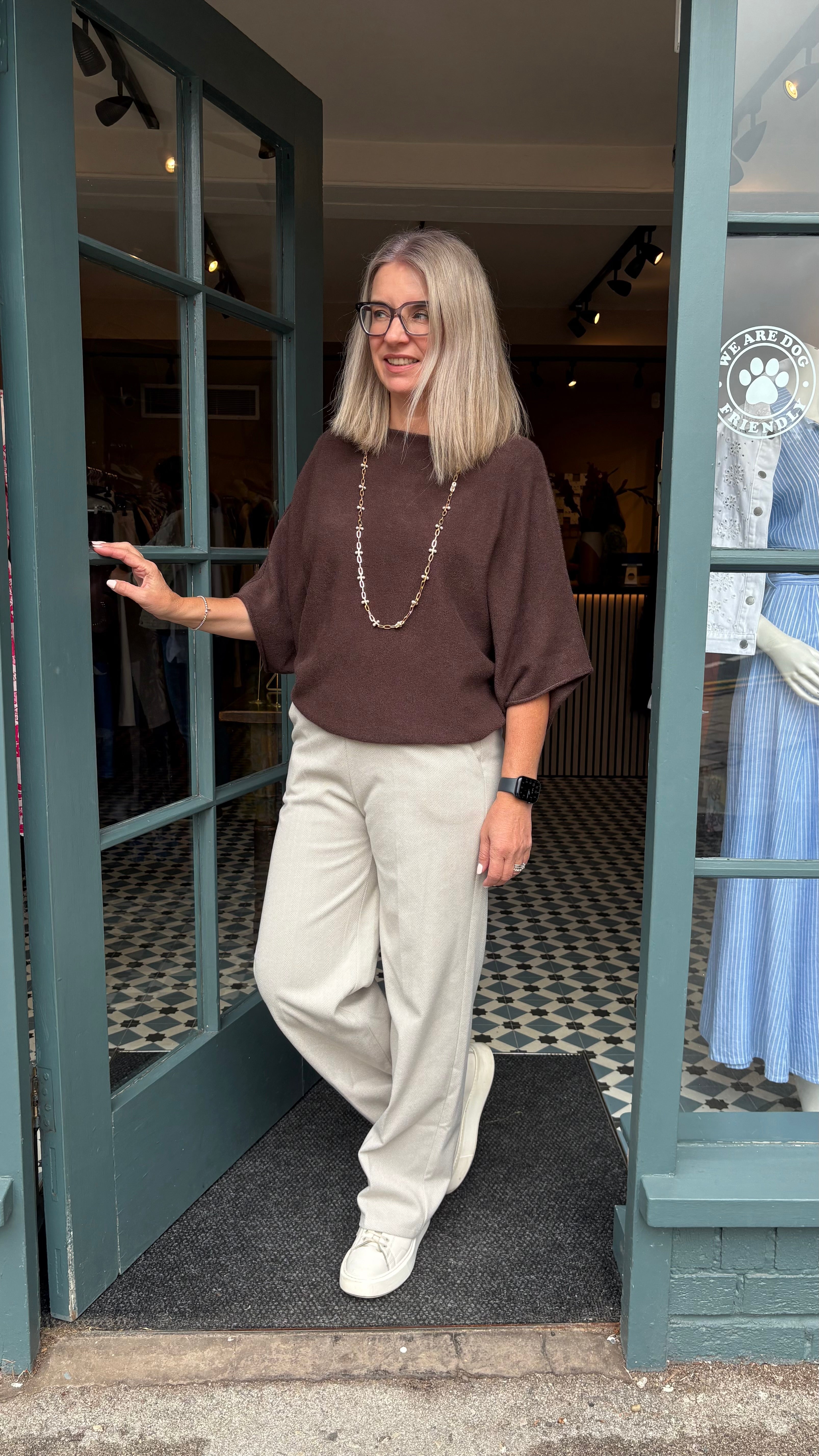 Straight Leg Herringbone Trouser - Stone