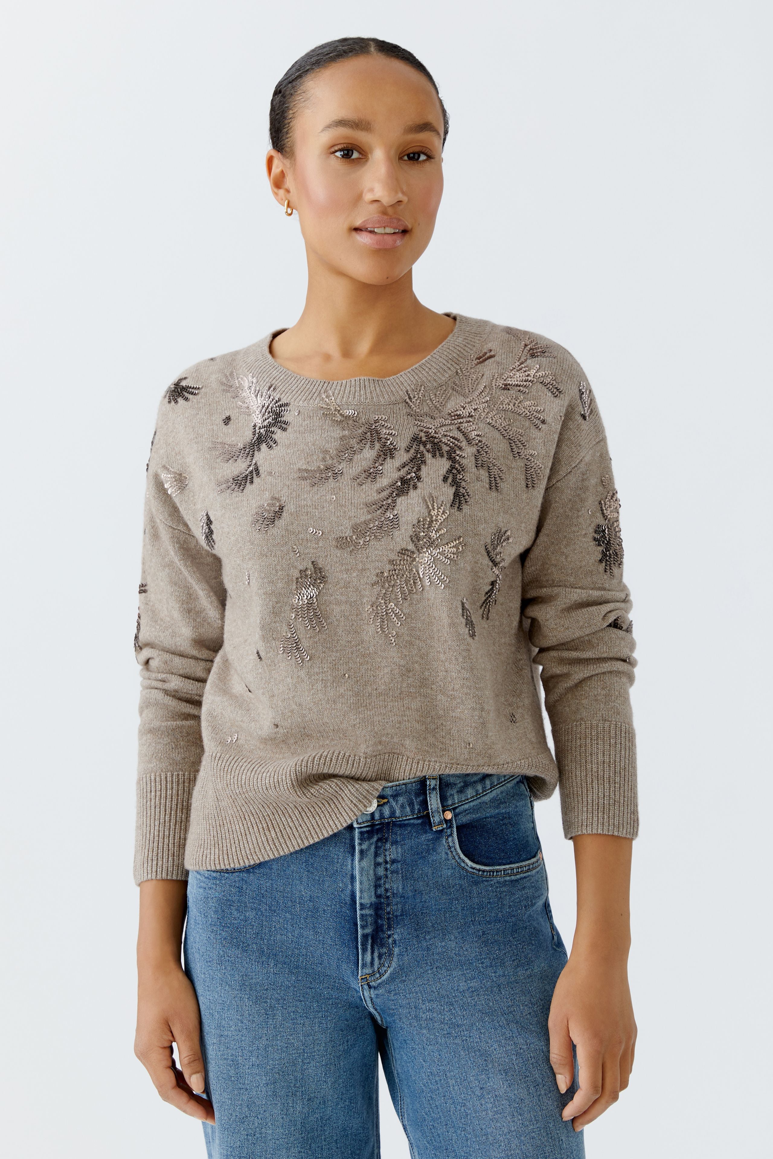 Sequin Motif Knit Jumper - Taupe