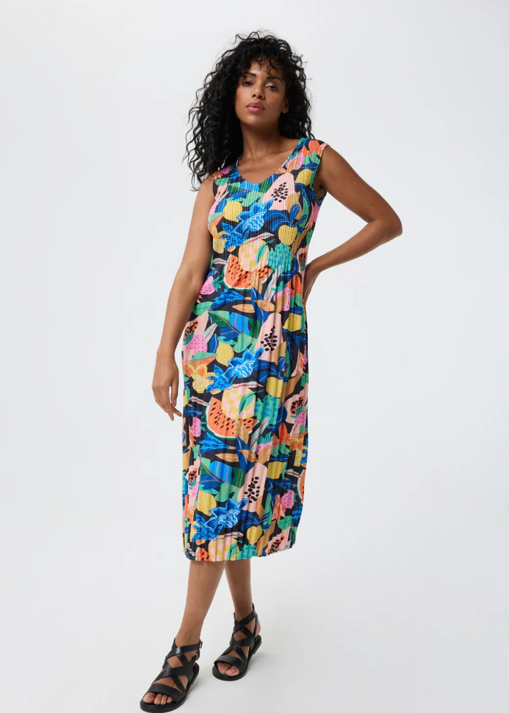 Tropical Print Sleeveless Plisse Dress - Multi