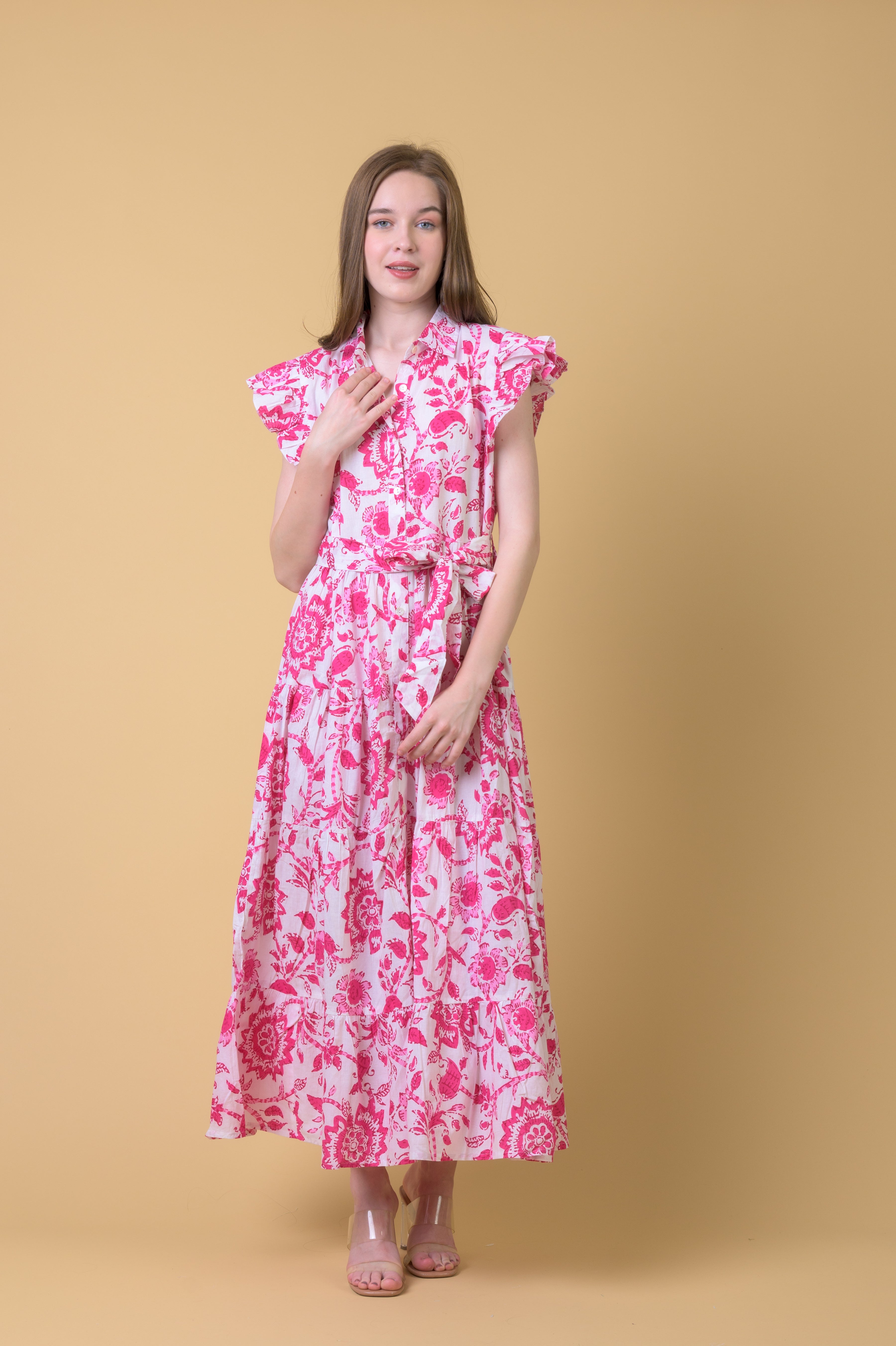Long Beach Floral Shirt Dress - Pink/White