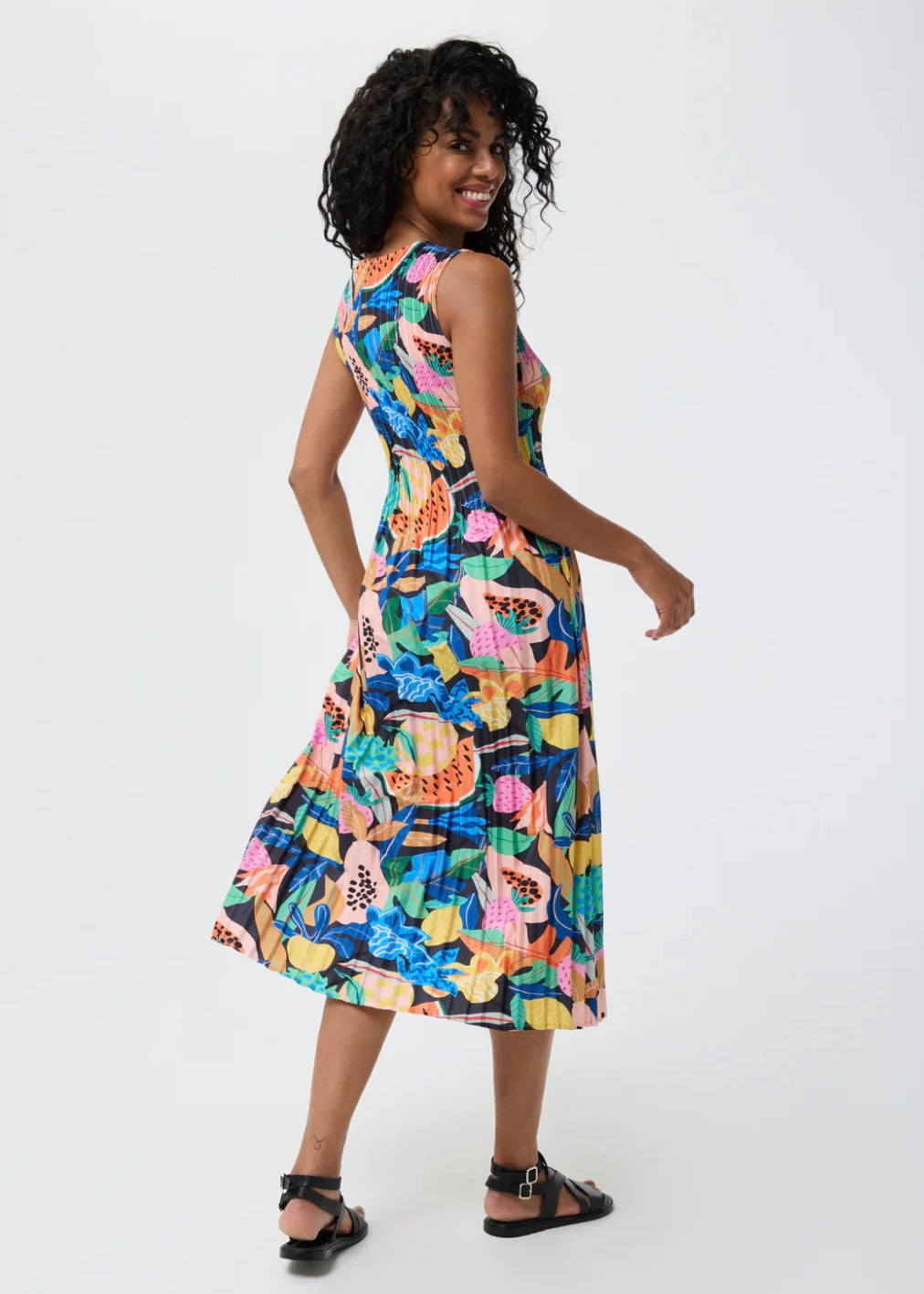 Tropical Print Sleeveless Plisse Dress - Multi