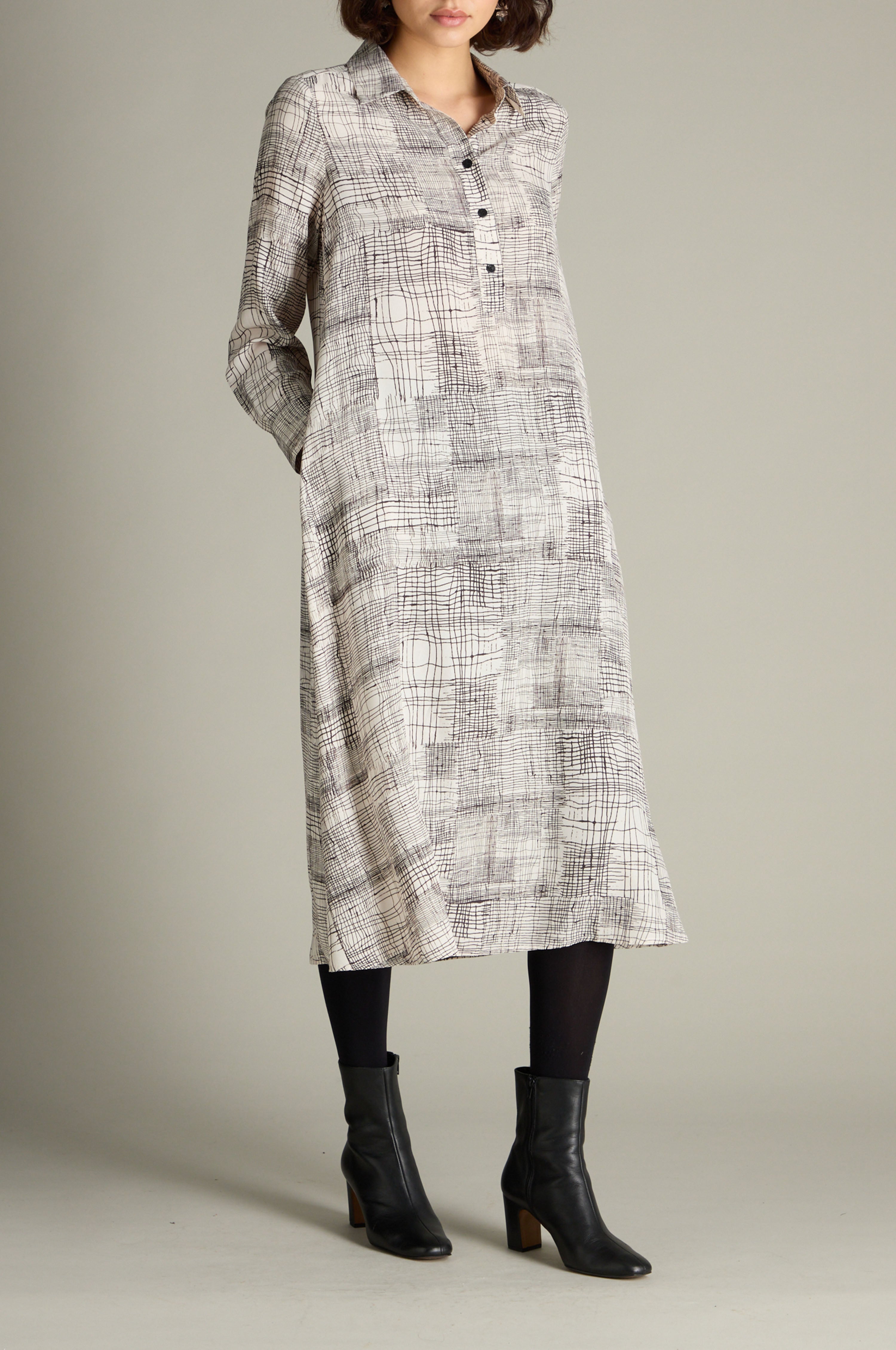 Etched Check Print Dress - Ivory/Black