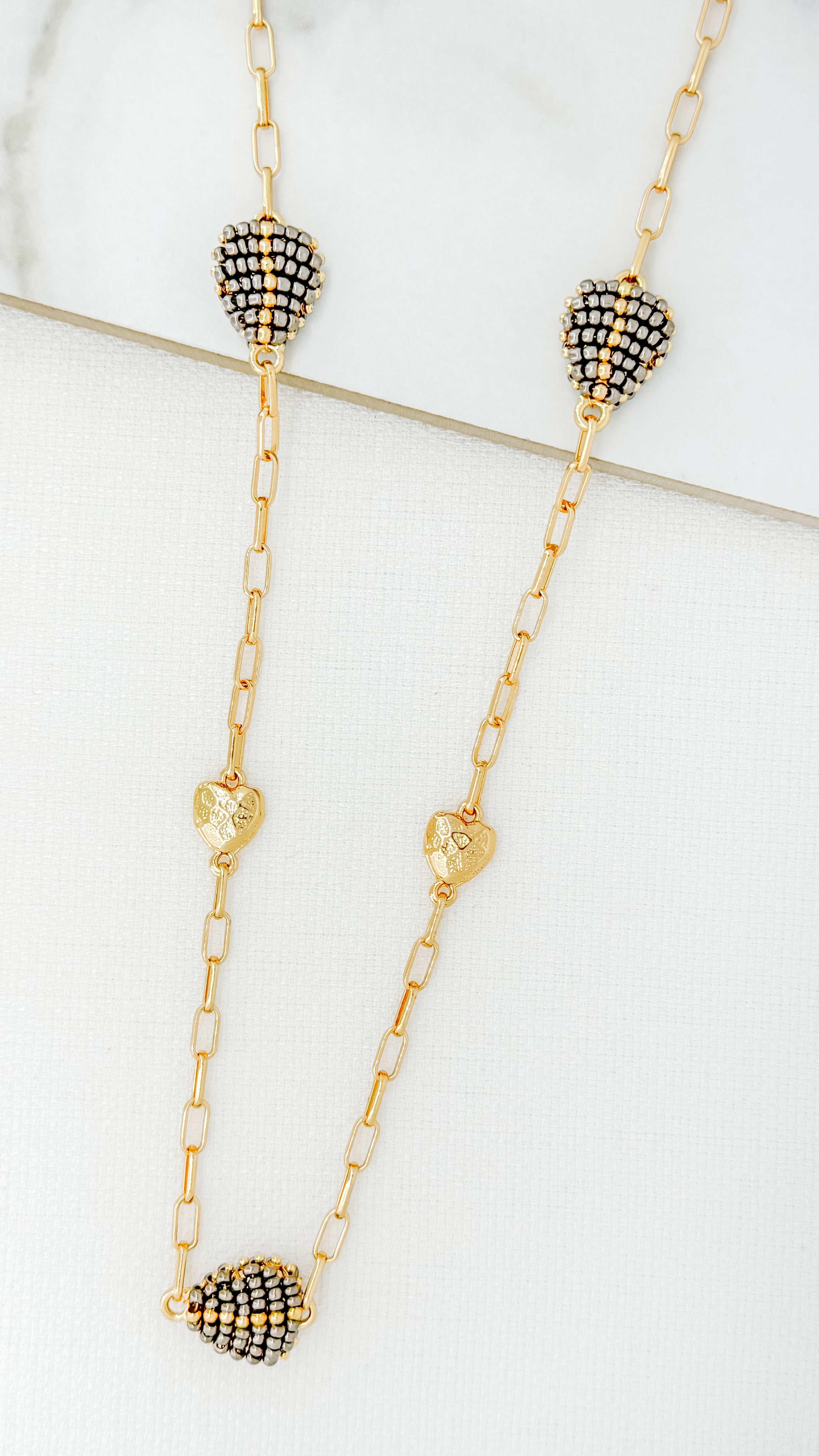 Long Beaded Heart Necklace - Gold