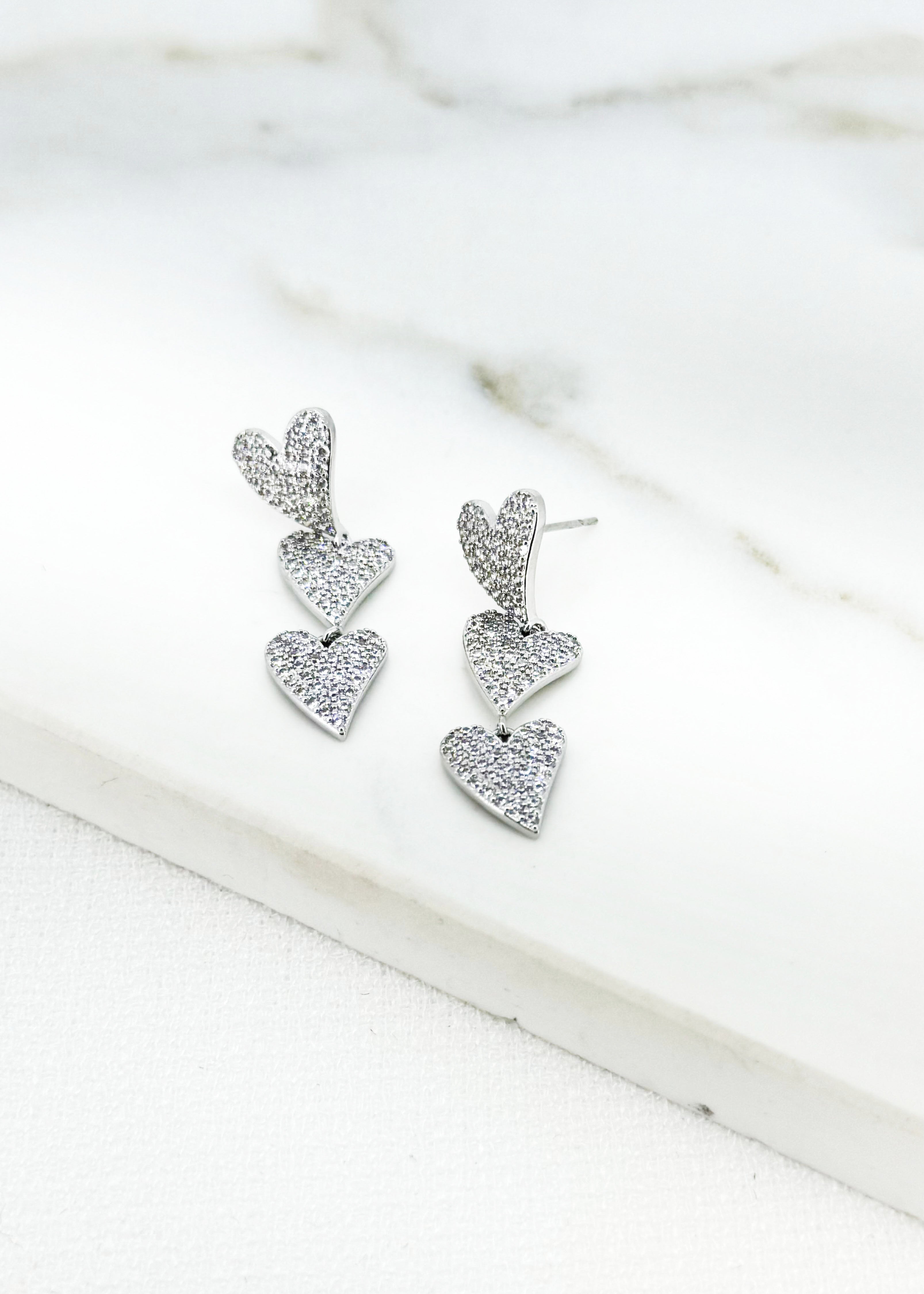 Drop Heart Earrings - Silver