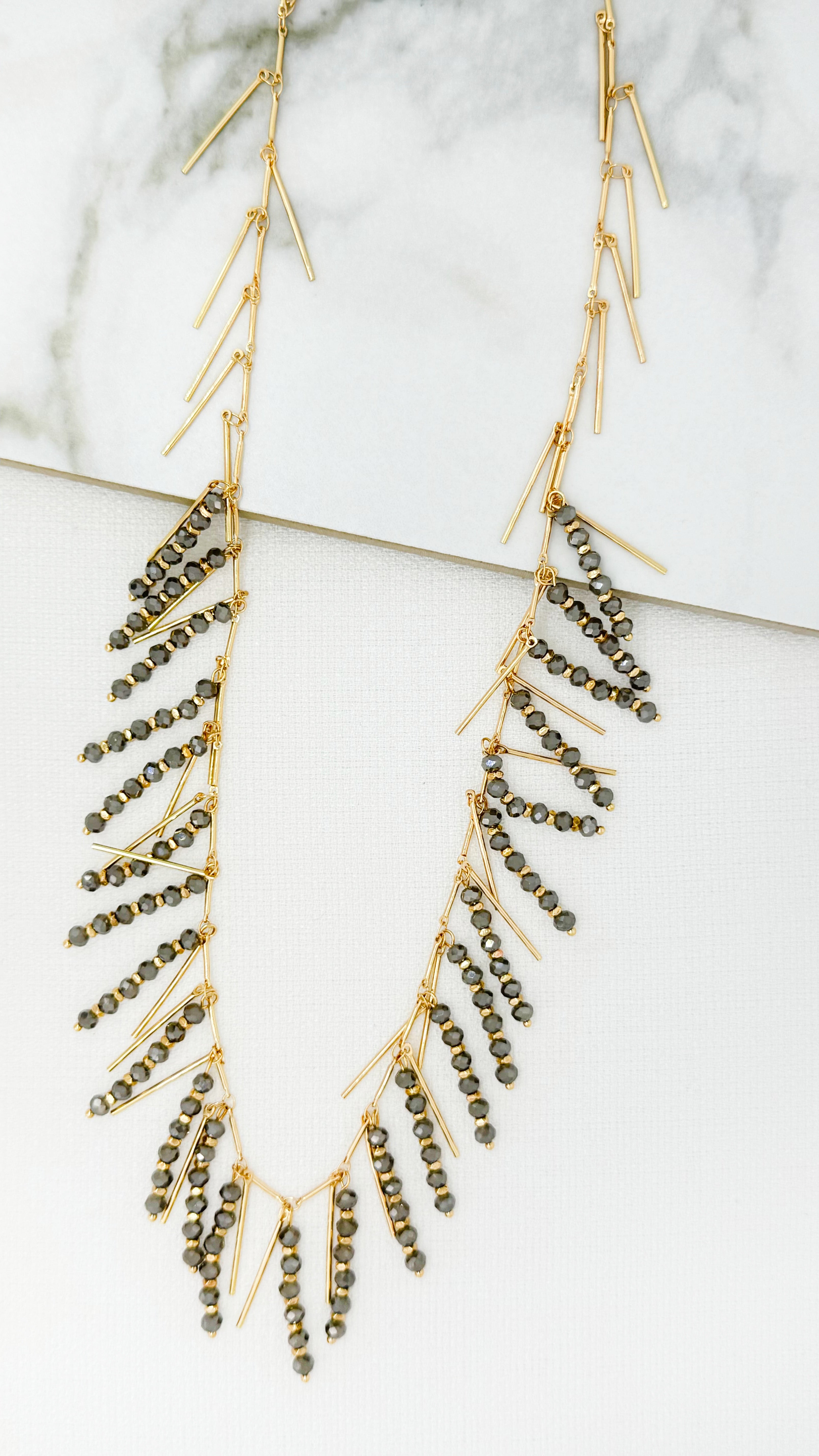 Long Beaded Necklace - Gold/grey