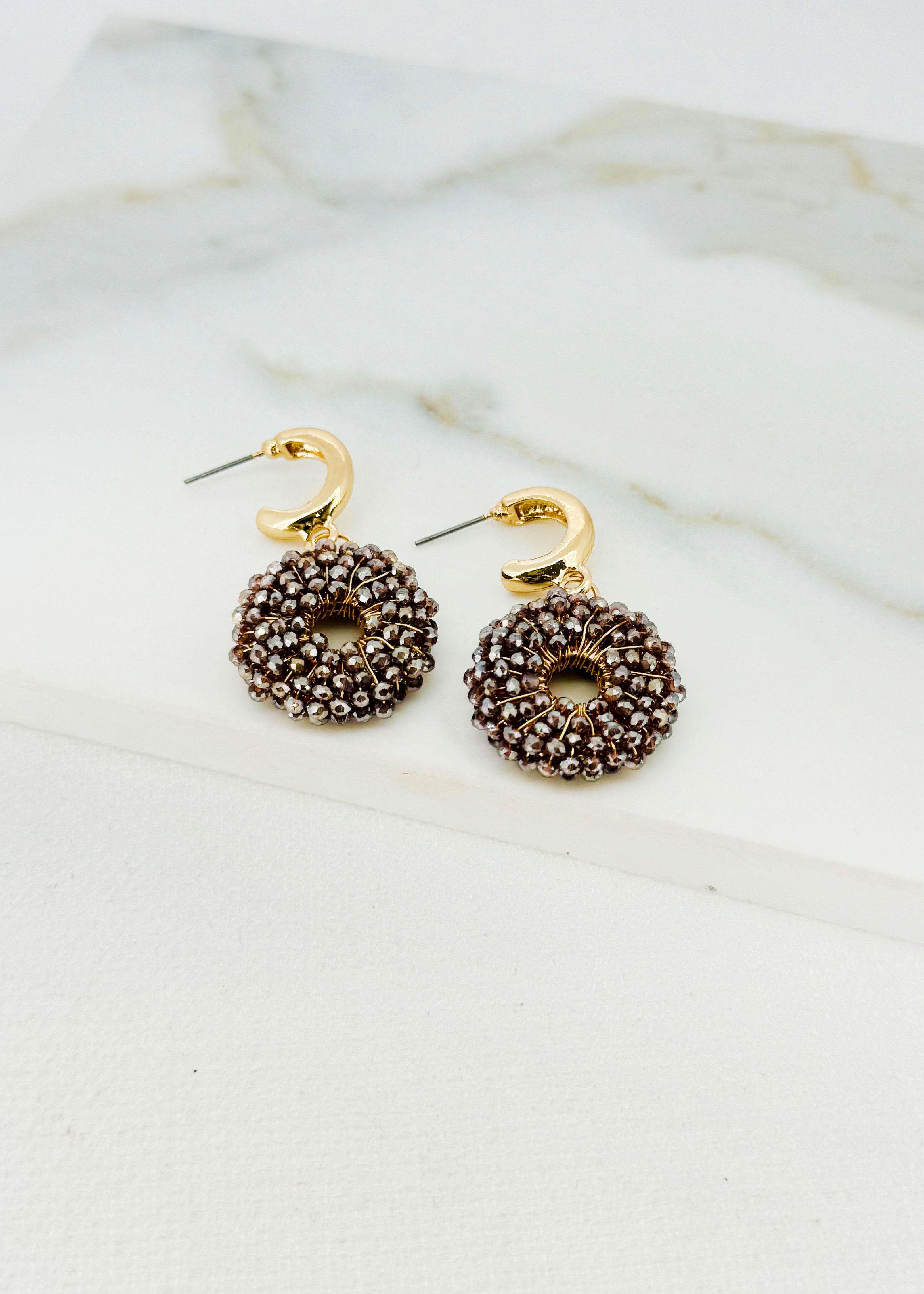 Beaded Circle Earrings - Gold/grey
