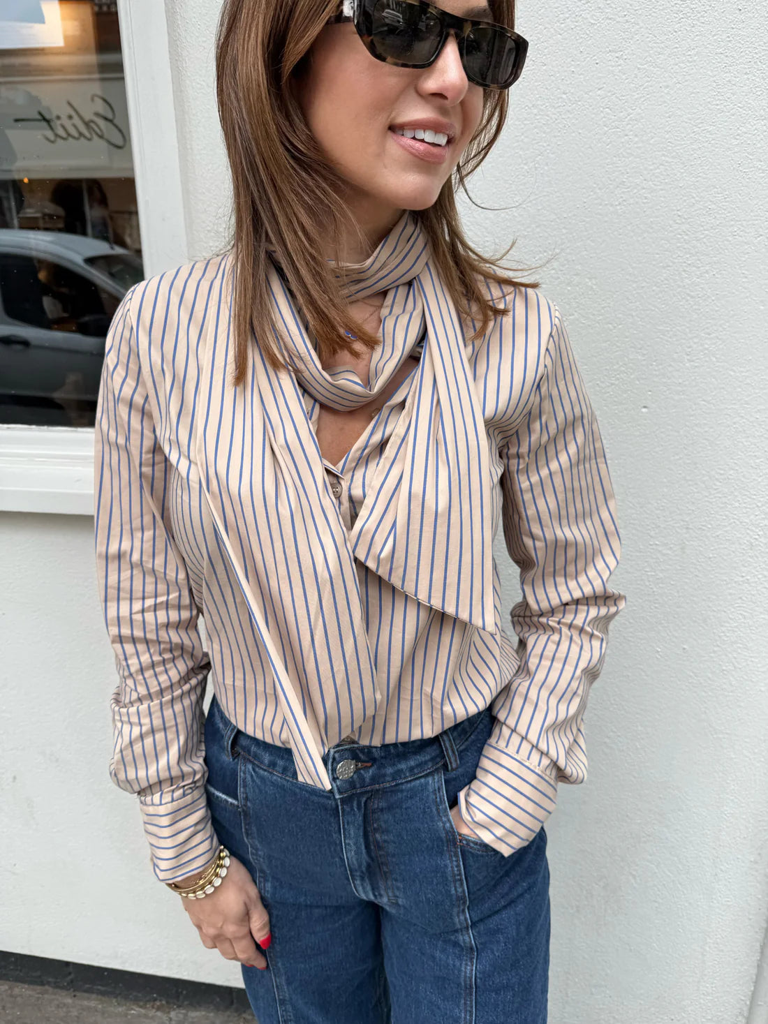 Lily Stripe Bow Shirt - Beige