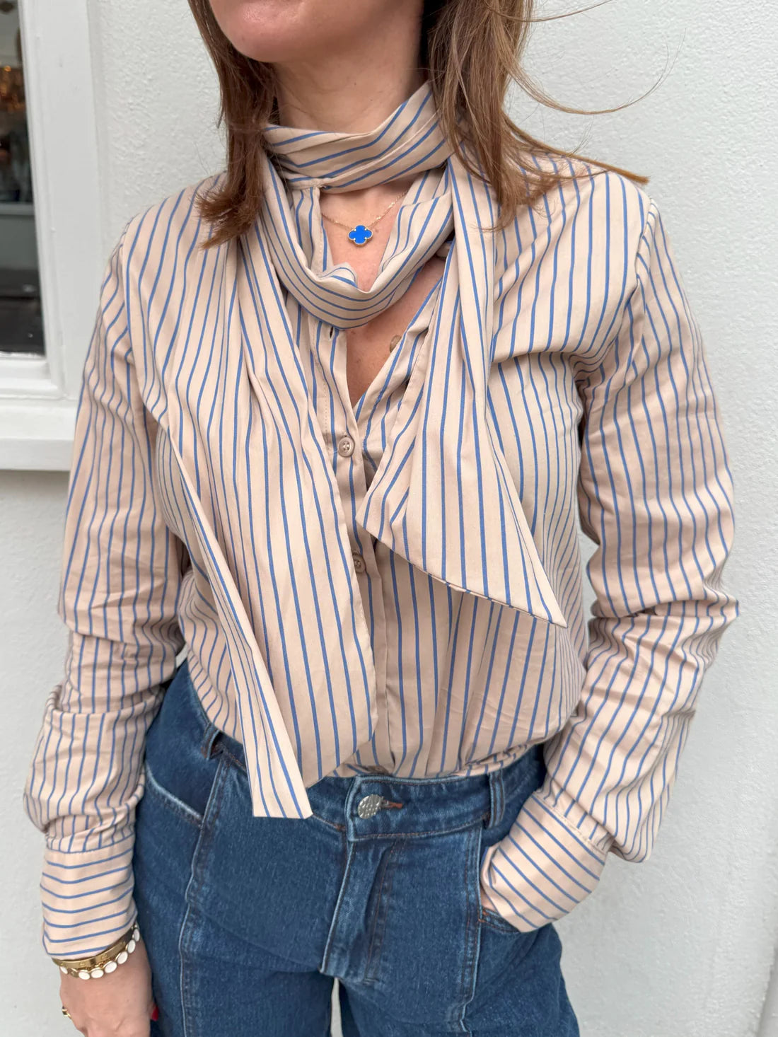 Lily Stripe Bow Shirt - Beige