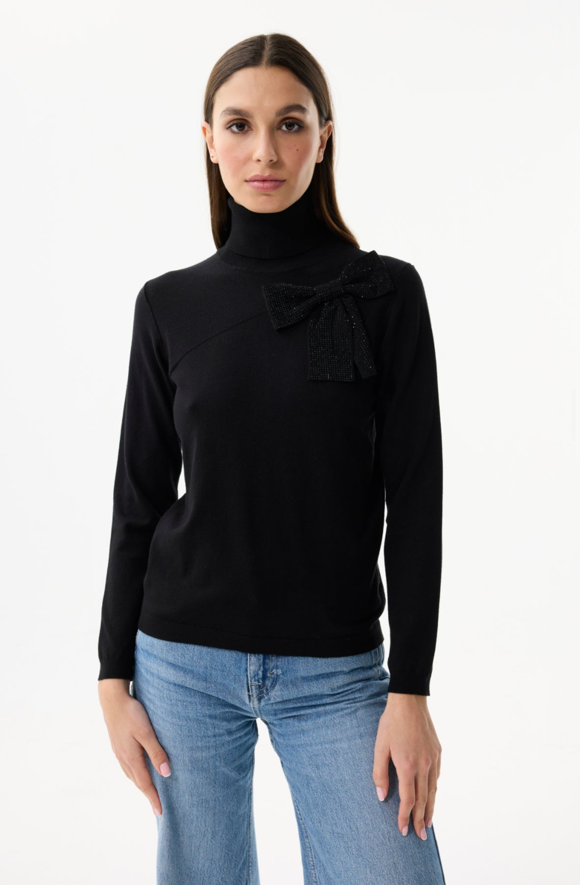 Polo Neck Bow Jumper - Black