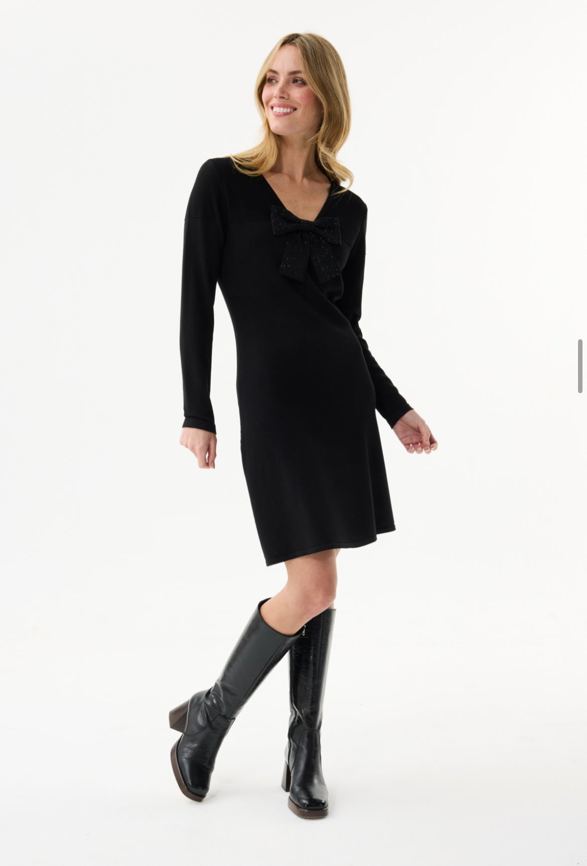 Jewelled Bow Knit Dress - Black