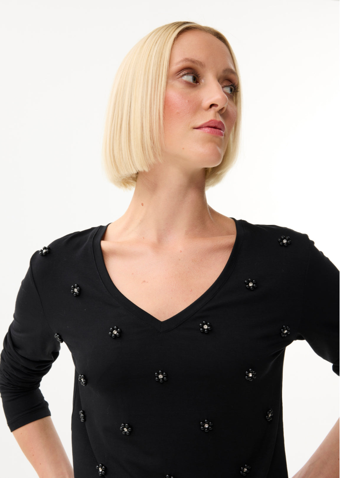 Beaded V-Neck Top - Black