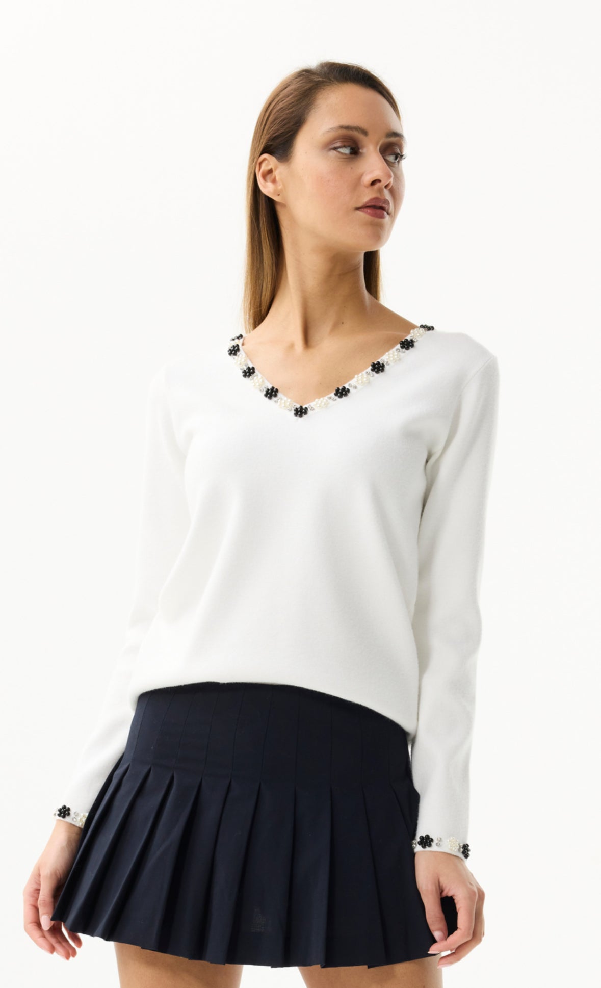 Beaded Collar Sweater - Off White