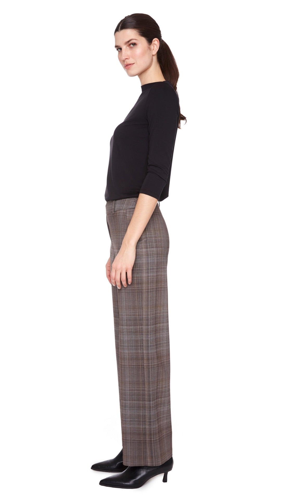 Wide Leg Checked Trousers - Brown Mix