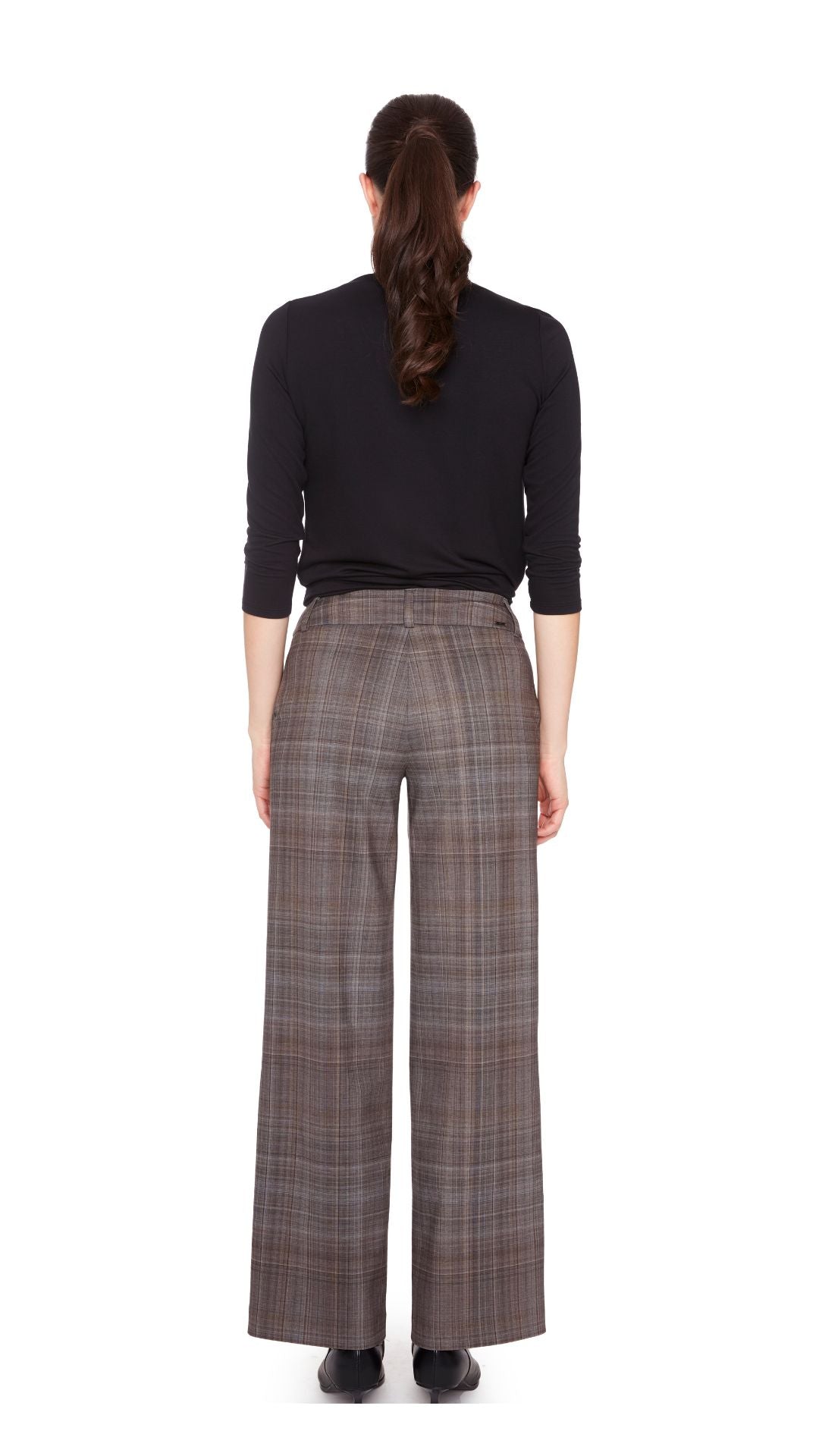 Wide Leg Checked Trousers - Brown Mix