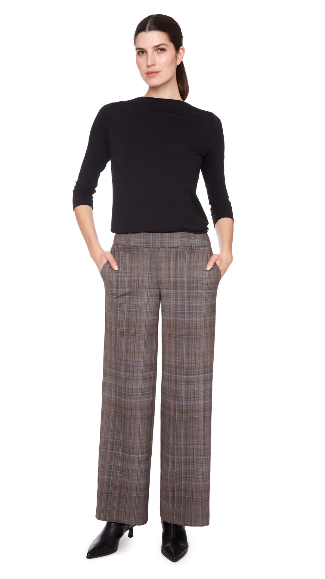 Wide Leg Checked Trousers - Brown Mix
