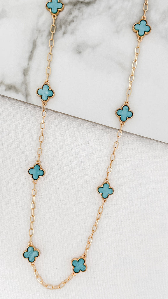 Long Clover Necklace in Gold & Turquoise