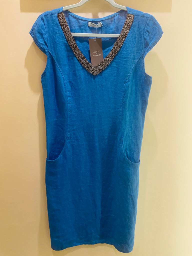 Linen Dress with Embellishment in Azure