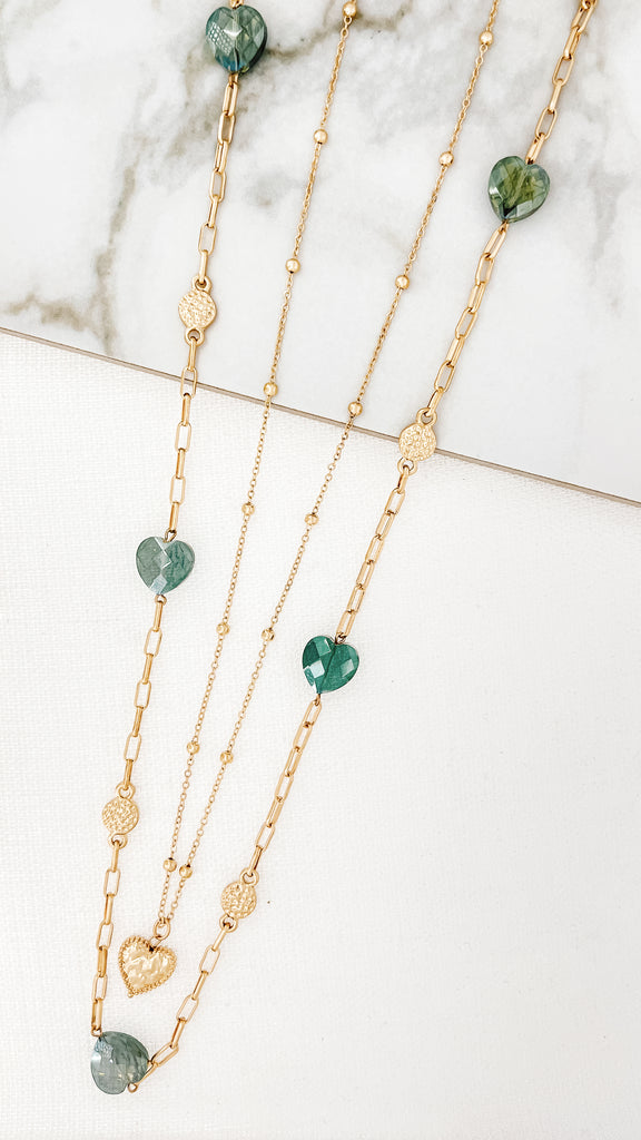 Layered Heart Necklace in Gold/Teal