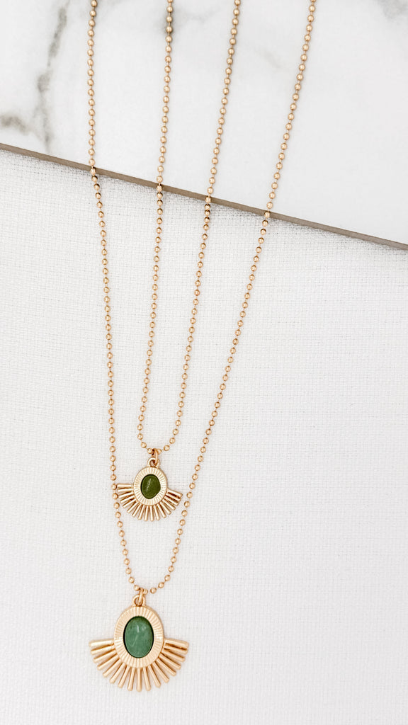 Long Fan Necklace in Gold and Green
