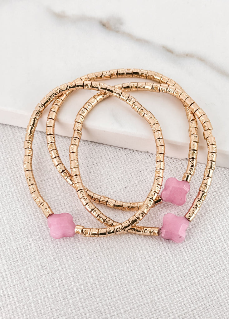Triple Bracelet in Gold with Pink Mini Clovers