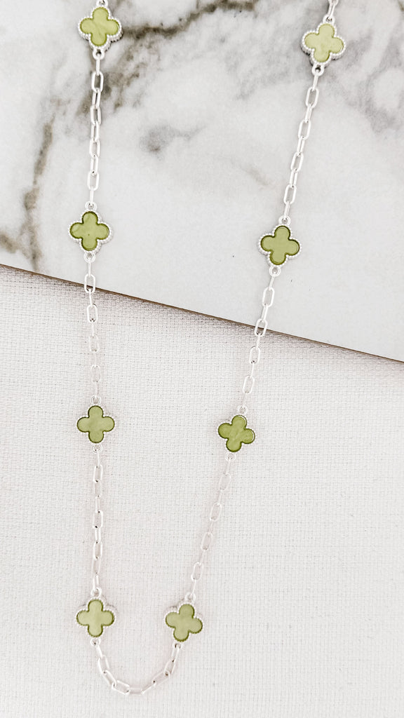 Long Clover Necklace in Silver & Sage Green