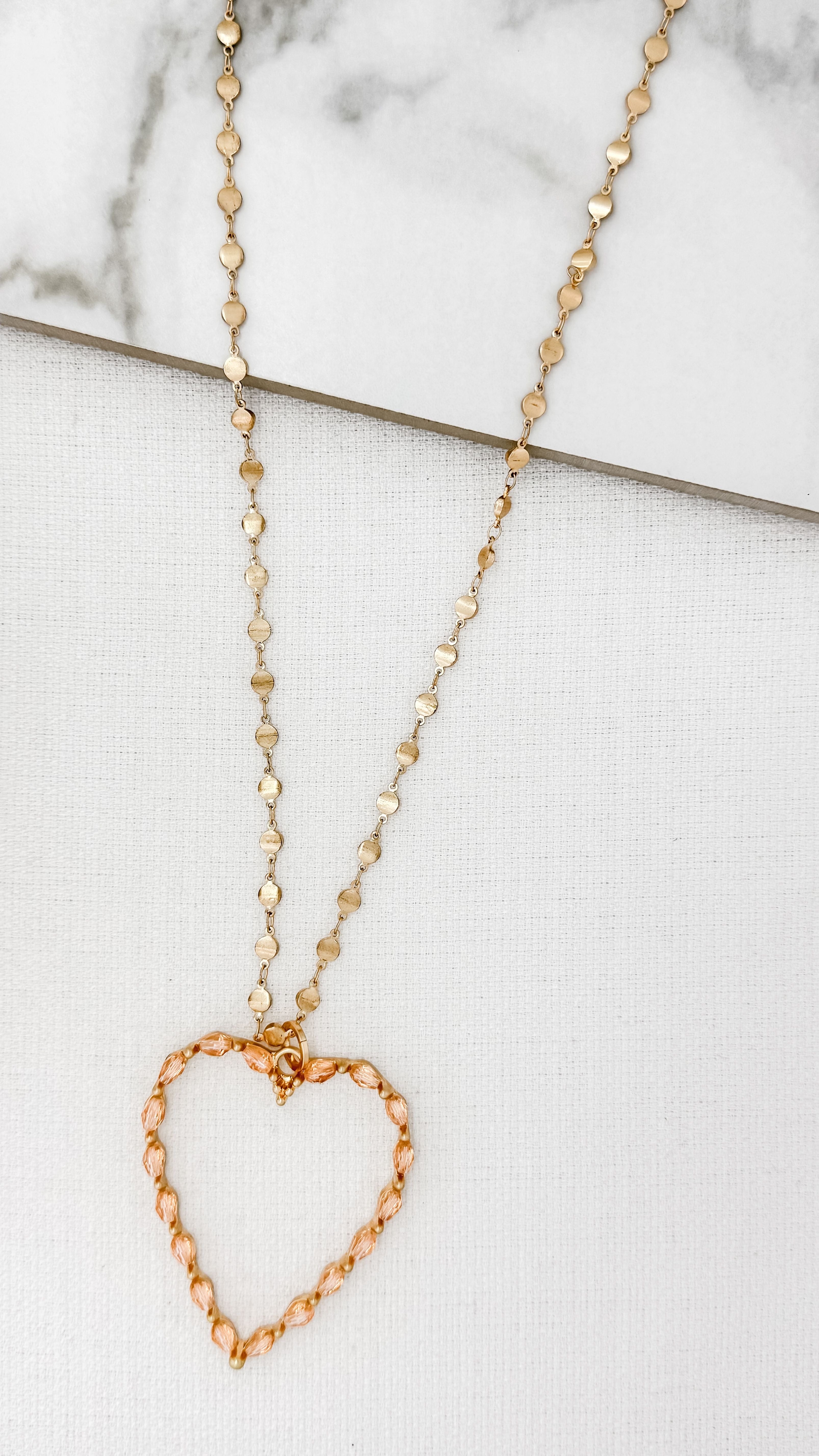 Long Heart Necklace in Gold/Pink
