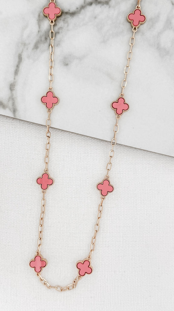 Long Clover Necklace in Gold & Pink