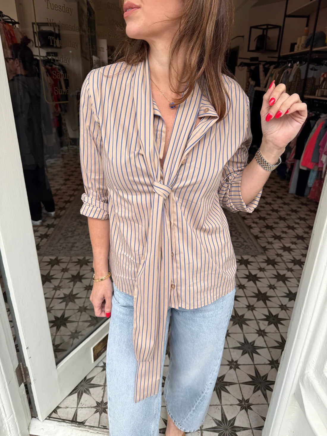 Lily Stripe Bow Shirt - Beige