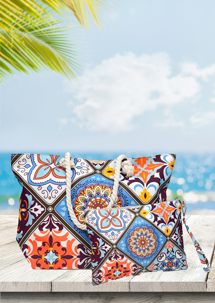 Patterned Beach Bag in Blue